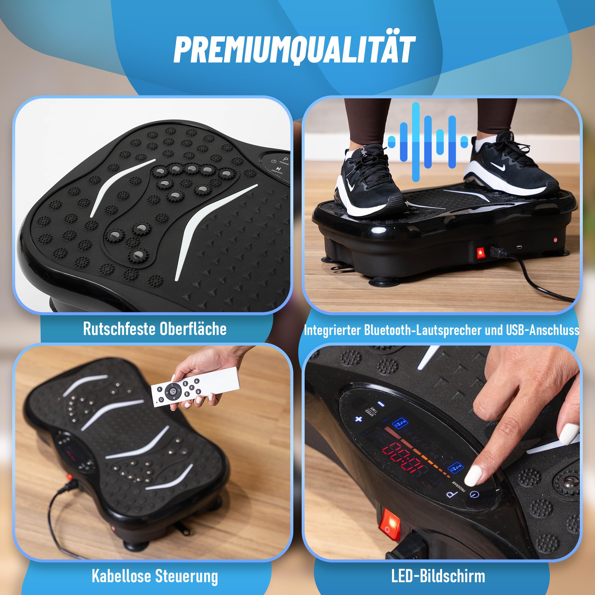 Plataforma vibratoria - Plataforma vibración Muscular - Vibration Plate - Plataforma vibración Adelgazar - Vibrating Plate con Sonido inalámbrico Bluetooh + Bandas elásticas , Manual y Toalla