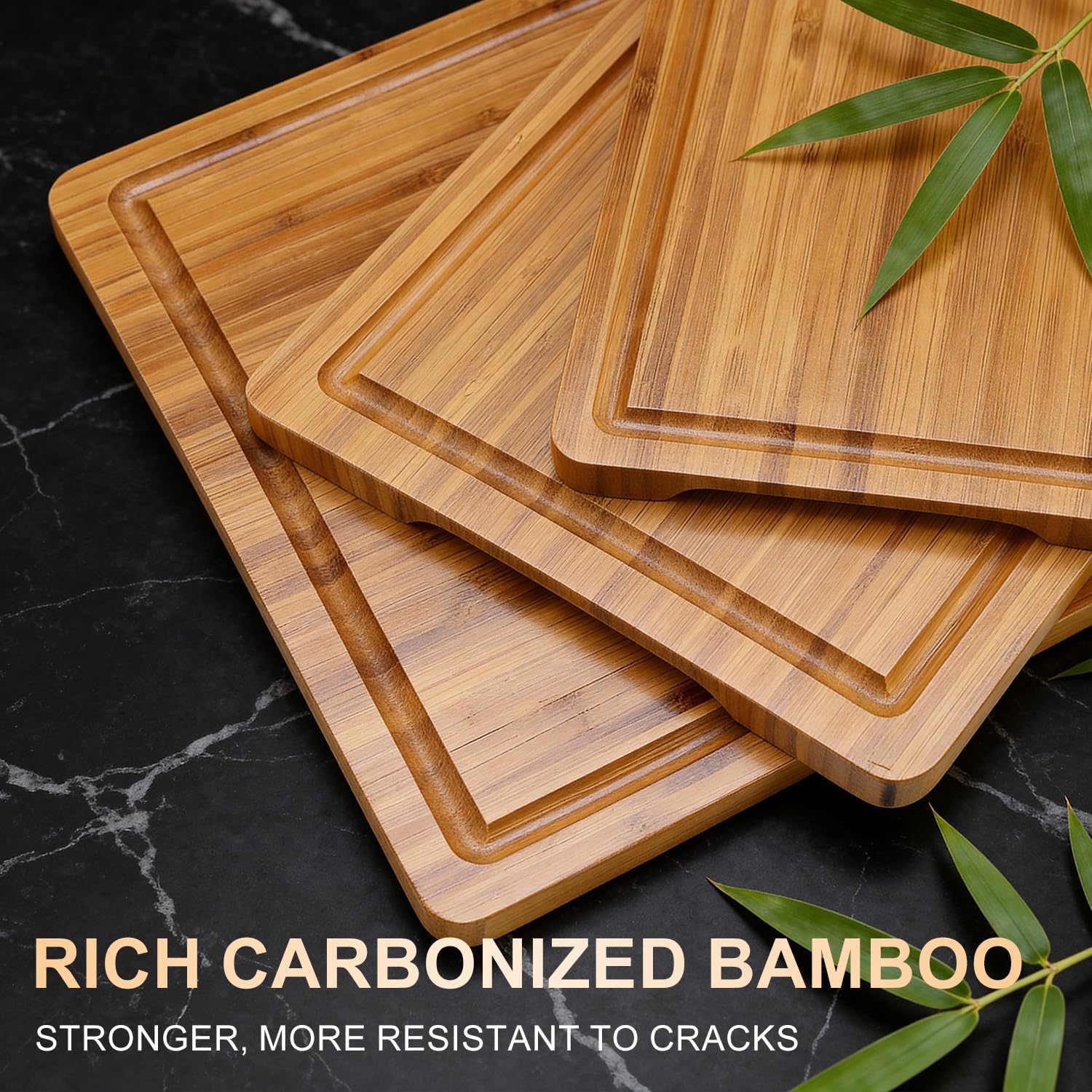3 Pack Bamboo Cutting Board Set with Non Slip Solid Wood Cutting Boards Non Toxic Chopping Board for Kitchen Small Cutting Board Non Plastic Charcuterie Boards Meat Healthy Bread Cutting Board Sets