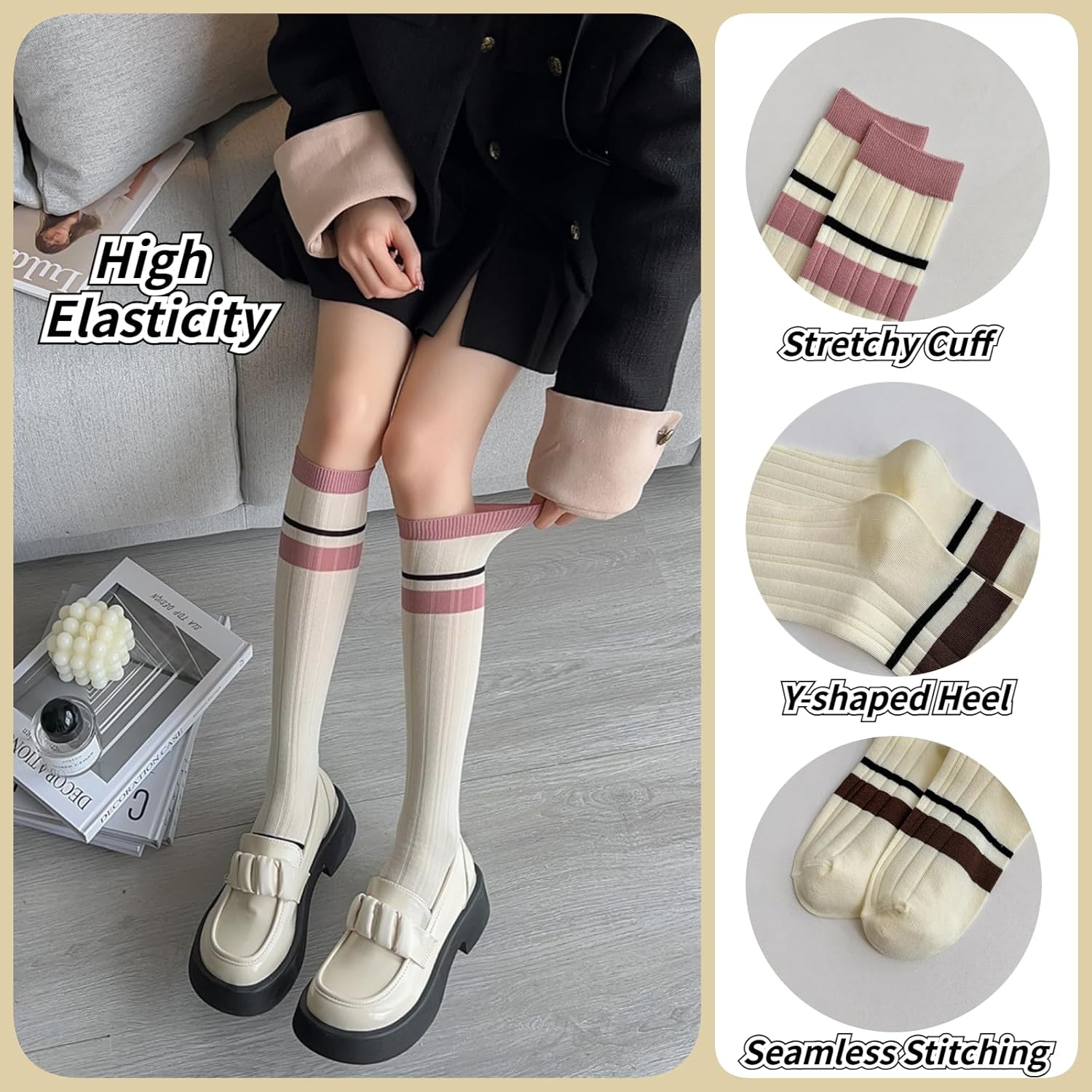 3 Pairs Retro Style Striped Knee High Socks for Women Academic Cotton Stockings for Casual Wear and Sports - Image 4