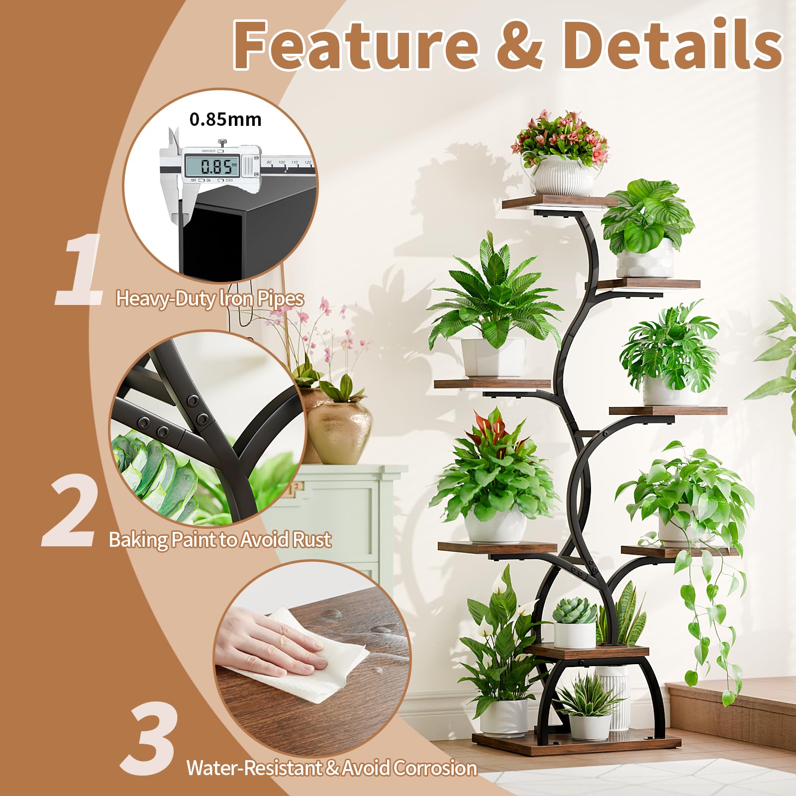 EVAWOO Support Pour Plantes D'intérieur à 8 Niveaux Avec Lampe De Croissance : étagère En Métal Et Bois De 124,5 Cm, étagère D'angle Pour Plantes, Petit Support Pour Plantes D'intérieur Pour Salon