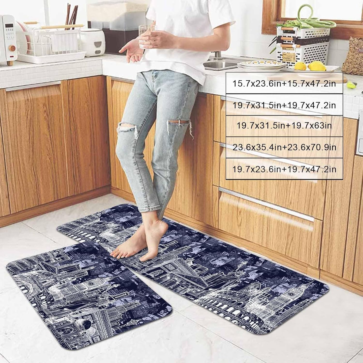 Prime Leader Abstract Kitchen Mat Set 2 Pieces Navy Blue and White Global Landmarks Collage Art Non Slip Kitchen Rugs Washable Runner Rug Mats for Sink Laundry (15.7" x 23.6"+15.7" x 47.2")