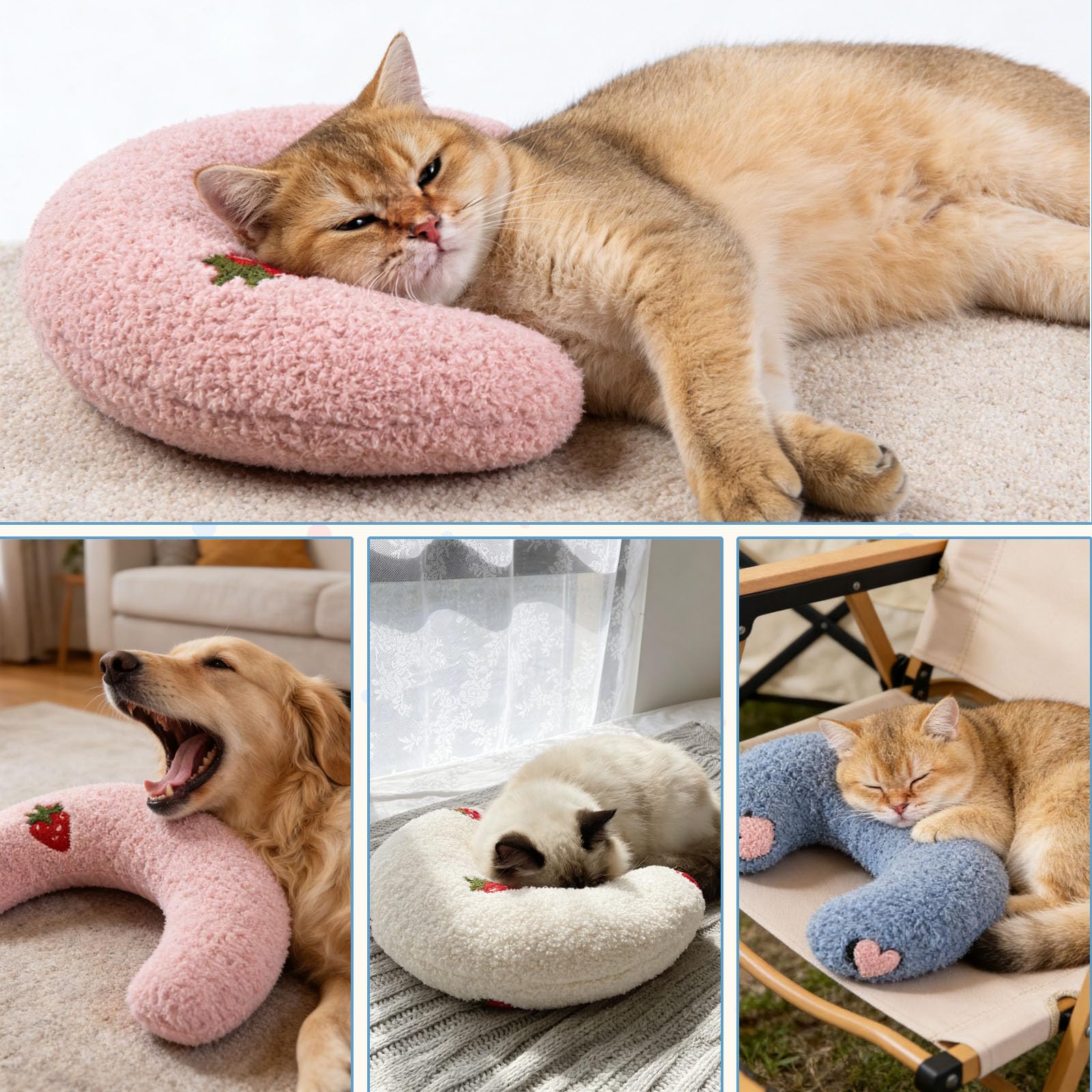 Cuscino per gatti a forma di U supporto per collo rosa bianco blu