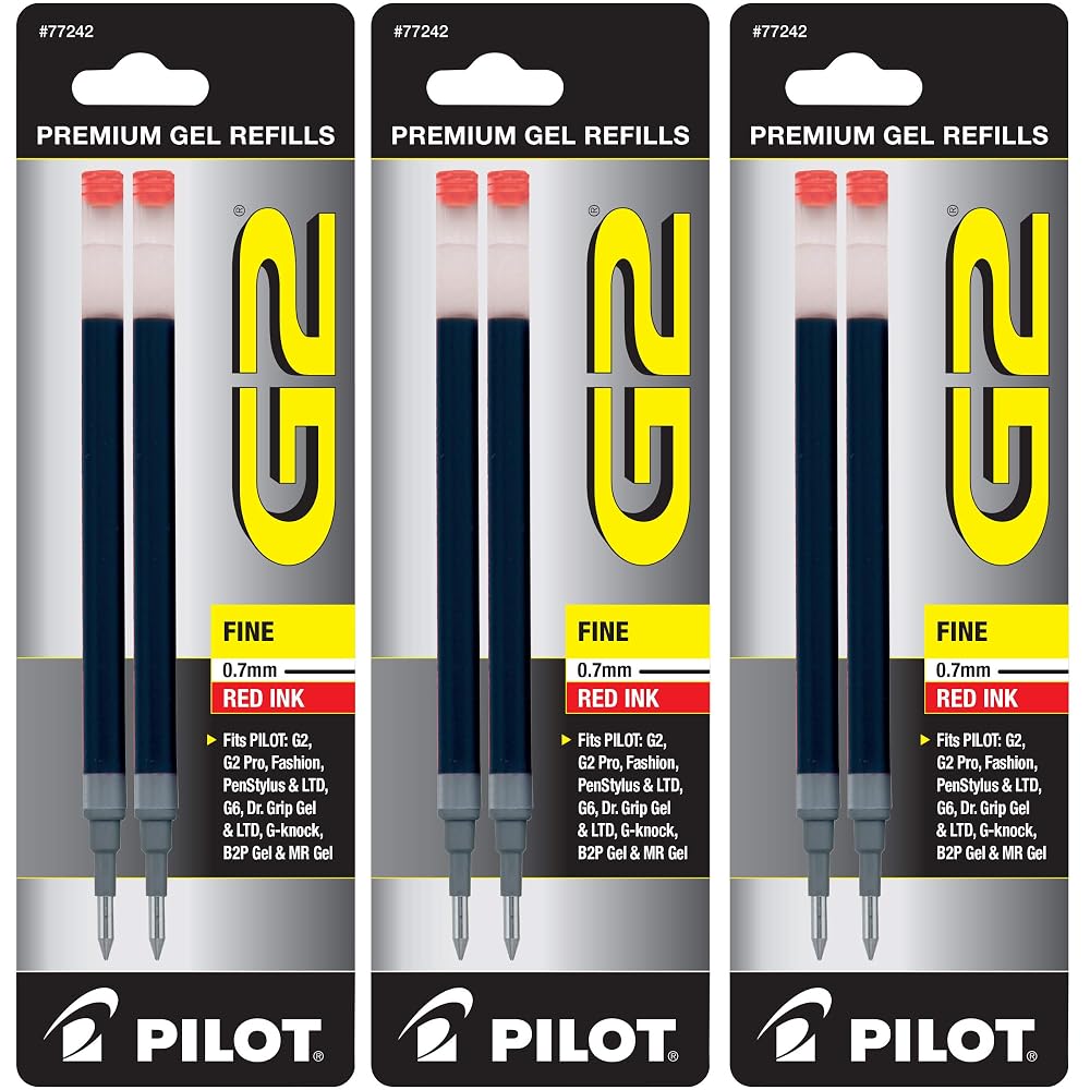 Pilot, G2 Gel Ink Refills, Fine Point 0.7 mm, Red, Pack of 6