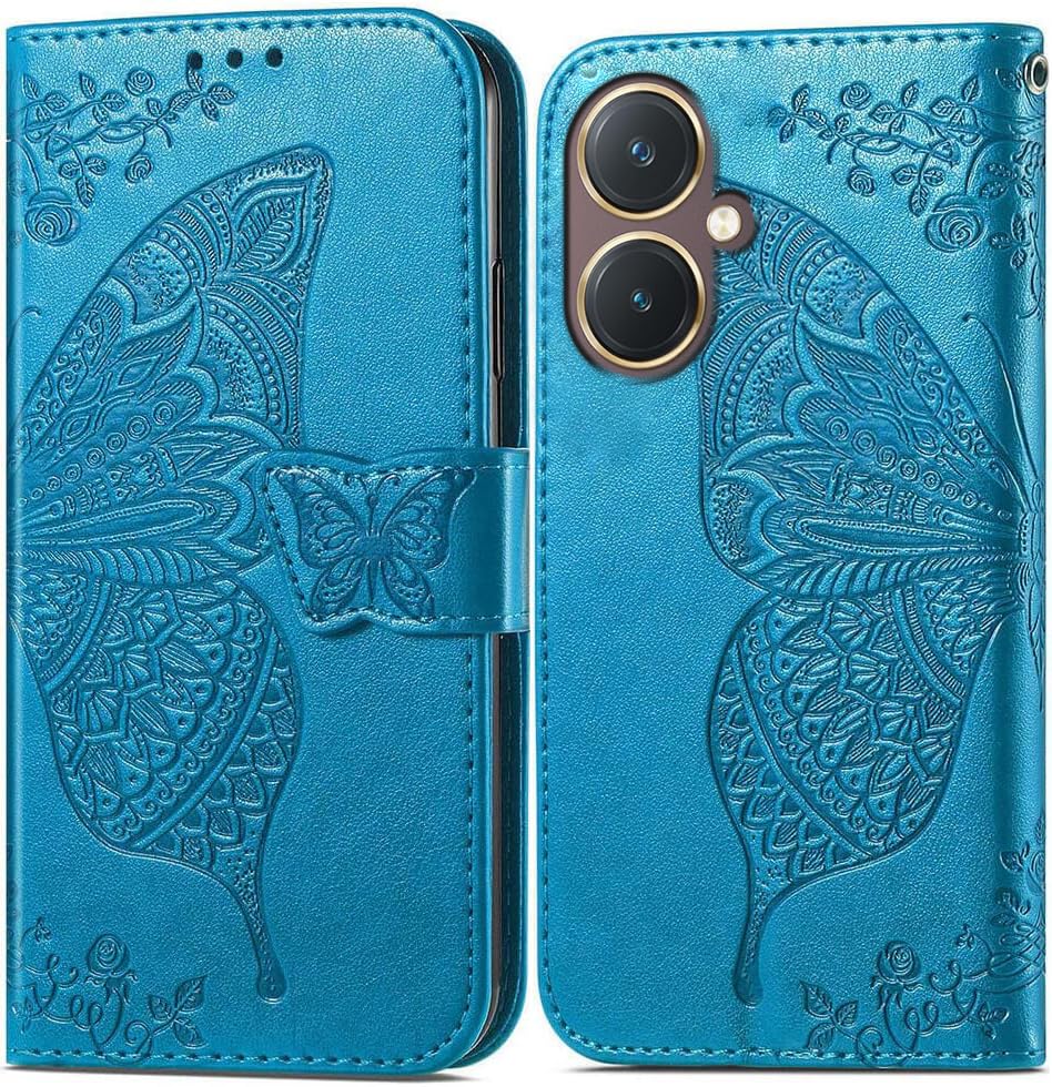Image of ClickCase Butterfly Series for vivo Y27 Leather Embossing Wallet Flip Case Kick Stand Magnetic Closure Flip Cover for vivo Y27 (Sky Blue)