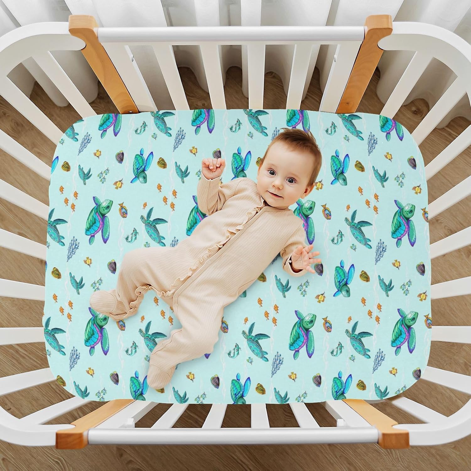 Sea Turtle Crib Sheets for Boys Girl Green Turquoise Ocean Beach Theme Fitted Playard Sheets Toddler Baby Bed Sheets Funny Little Fish Unisex Mini Crib Mattress 27x39 Inch