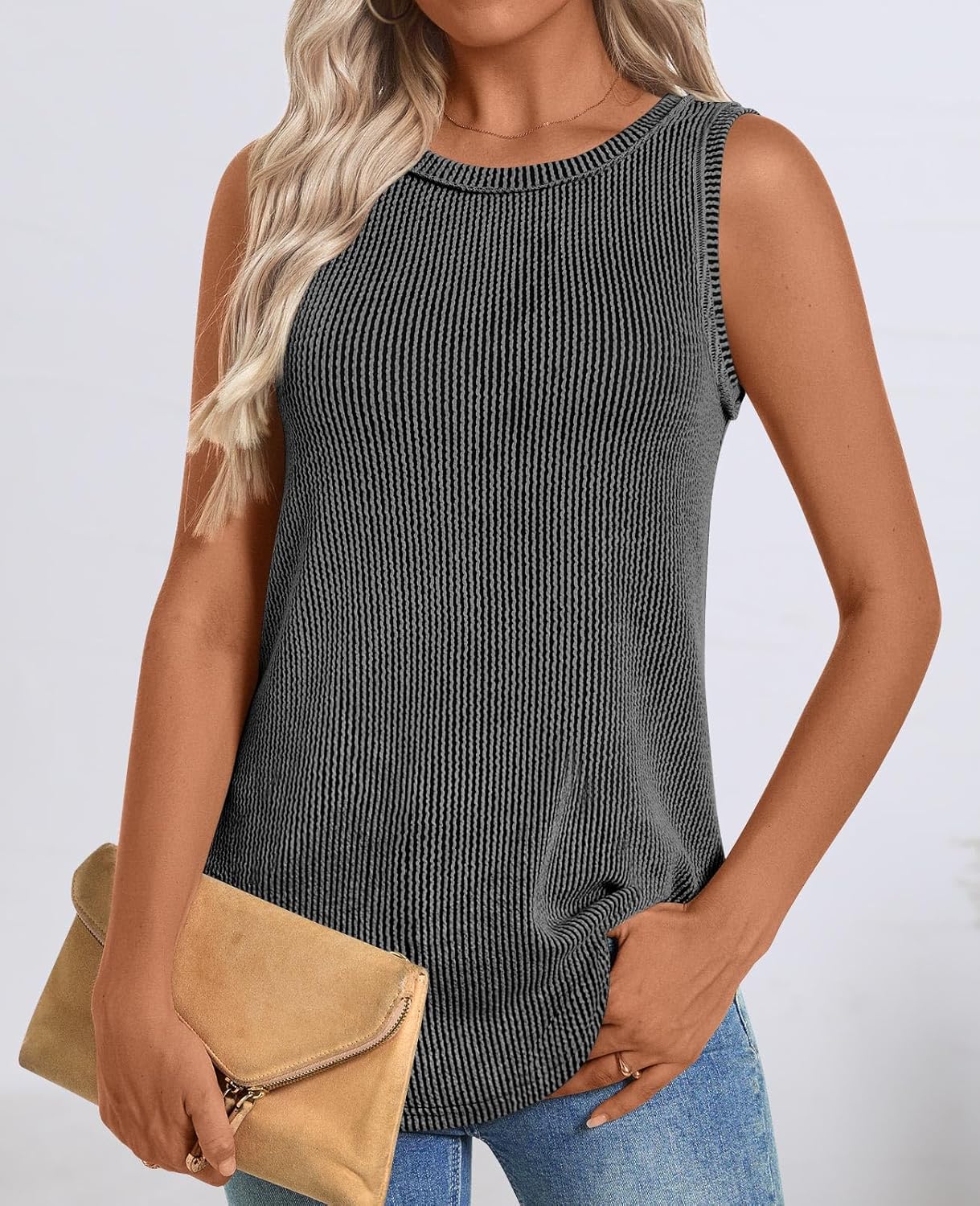 HOTGIFT Women's Tank Tops Crew Neck Sleeveless Shirt Ribbed Knit Casual Summer Tunics - Image 4