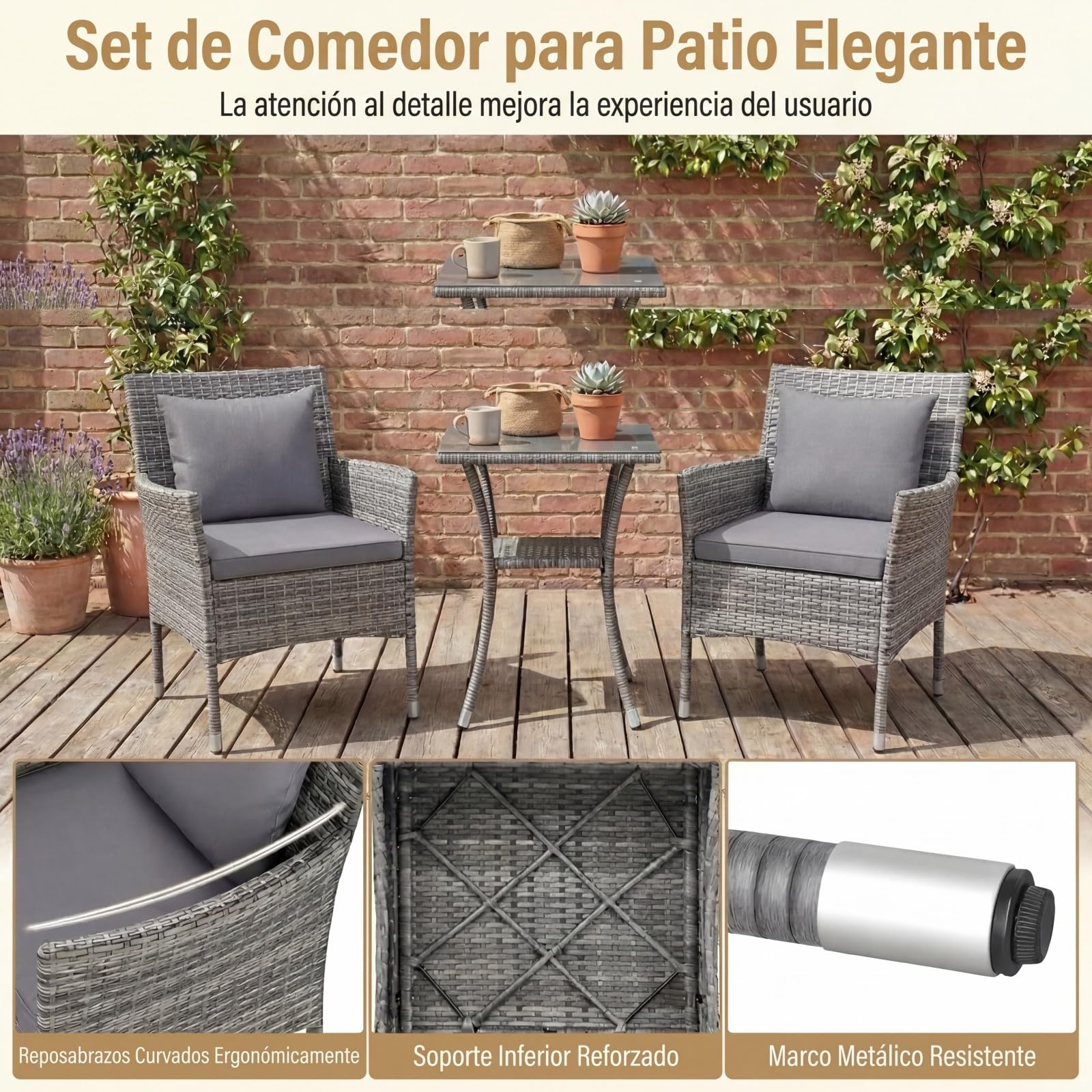 GIANTEX Juego de Muebles de Jardín 3 Piezas, 2 Sillones con Cojines y 1 Mesa con Tablero de Cristal, Conjunto de Muebles de Ratán para 2 Personas, Juego de Bistró para Balcón, Patio (Gris)