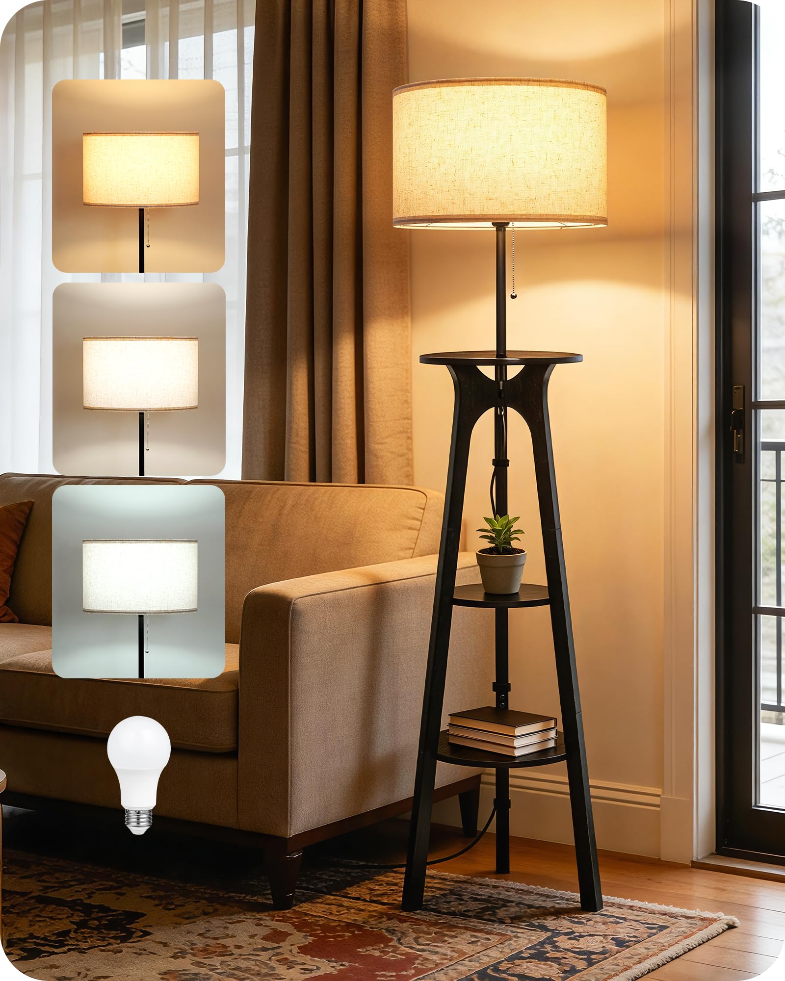 GOEBLESON Floor Lamp, Corner Floor Lamp, Floor Lamp with 3 Shelves, Wood Tripod Floor Lamp with Linen Lampshade, for Living Room, Bedroom, Study, and Office, Beige and Black ZBE25LDK05