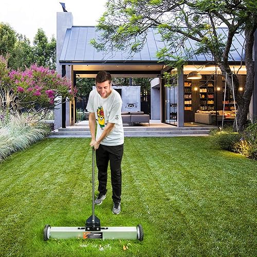 Miniatura 3 de Ochine Barredora magnética de alta resistencia con ruedas, 30 libras de capacidad, herramienta de recogida de piso con mango de liberación para