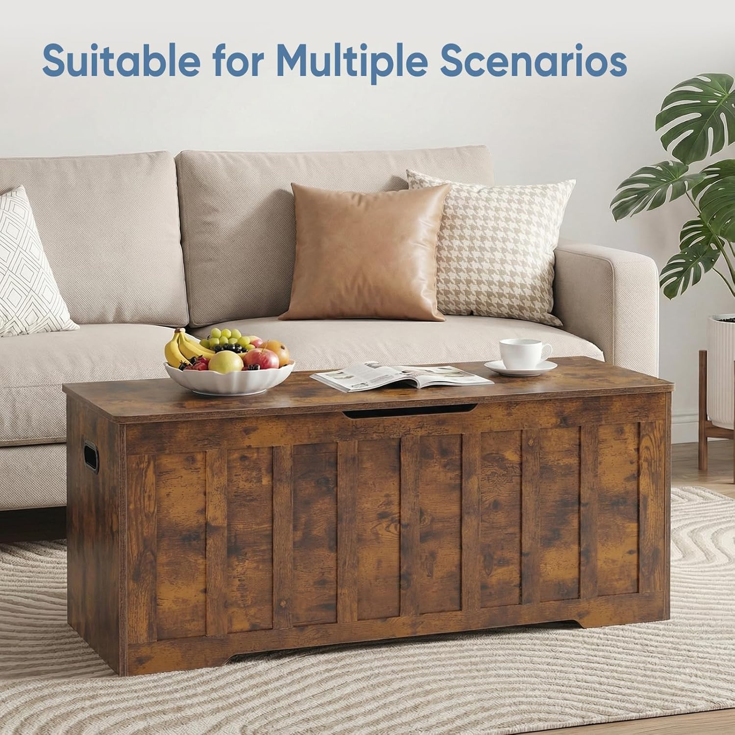 DUMOS 47.2" Extra Large Storage Bench with 2 Safety Gel-Buffered Hinges, Blanket Chest for Bedroom Living Room, Support 150lbs, 2 U-Shaped Cut-Out Pull, Non-Slip Base, Rustic Wood