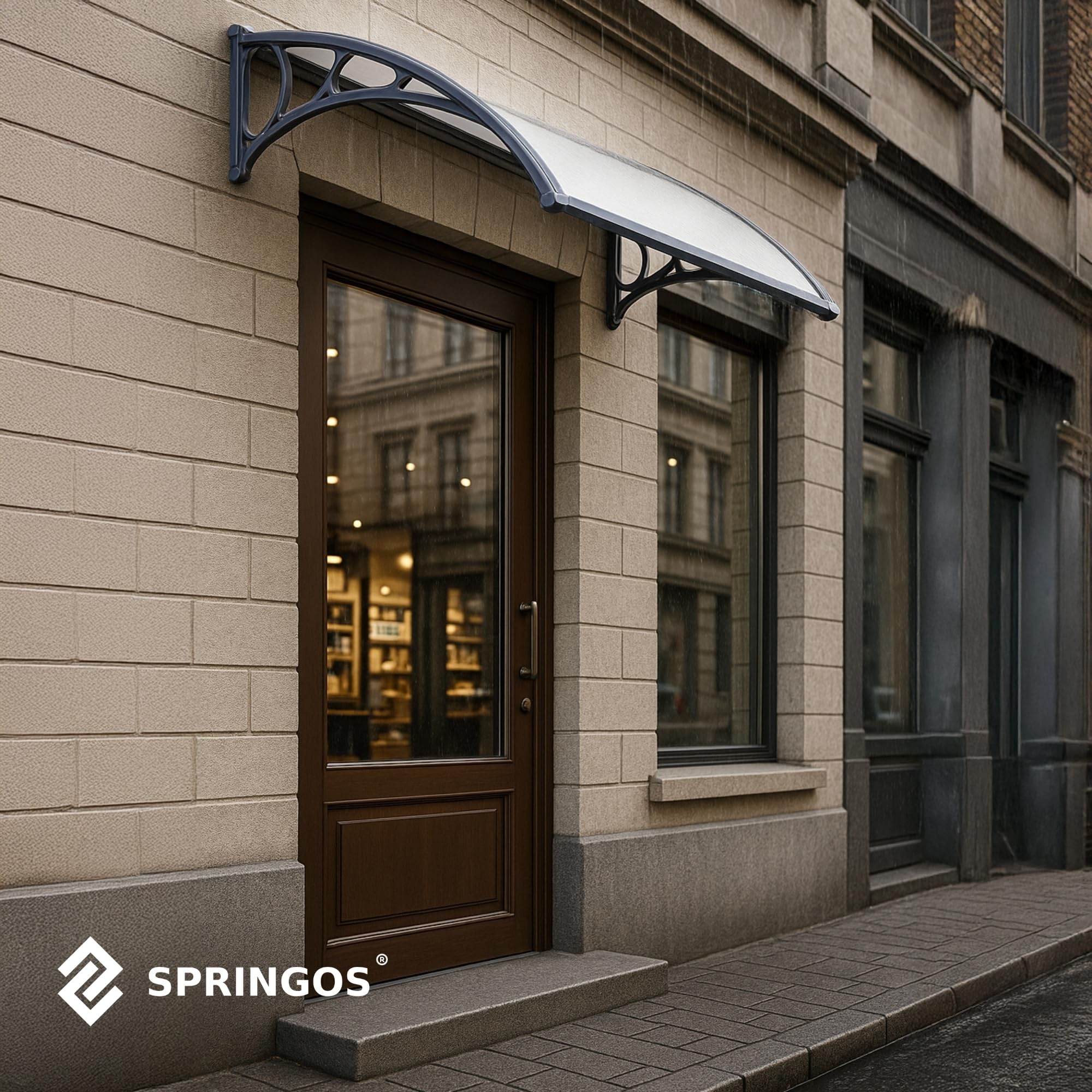 SPRINGOS Tettoia per porta d'ingresso, copertura di protezione per balcone, parapioggia, in alluminio e policarbonato, da 150 x 75 x 23 cm
