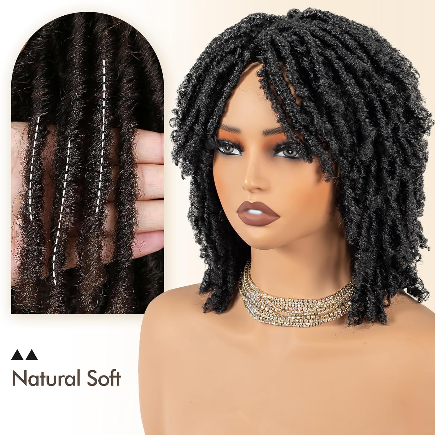 Short Synthetic Dreadlock Wig for Black Women, Afro Curly Faux Locs Braided Hair with Glueless Realistic Twist - Crochet Braided Wigs（Black）
