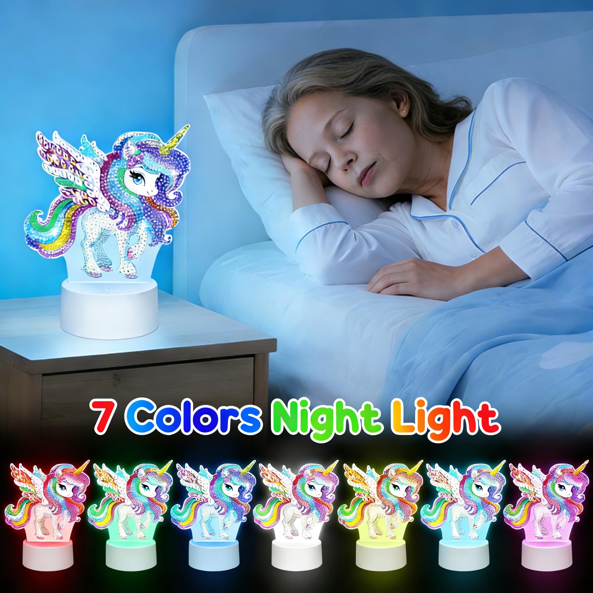 Zoyomax Lampka nocna do malowania diamentowego dla dorosłych, kreatywna lampa do malowania diamentami 3D, jednorożec, prezent na Boże Narodzenie