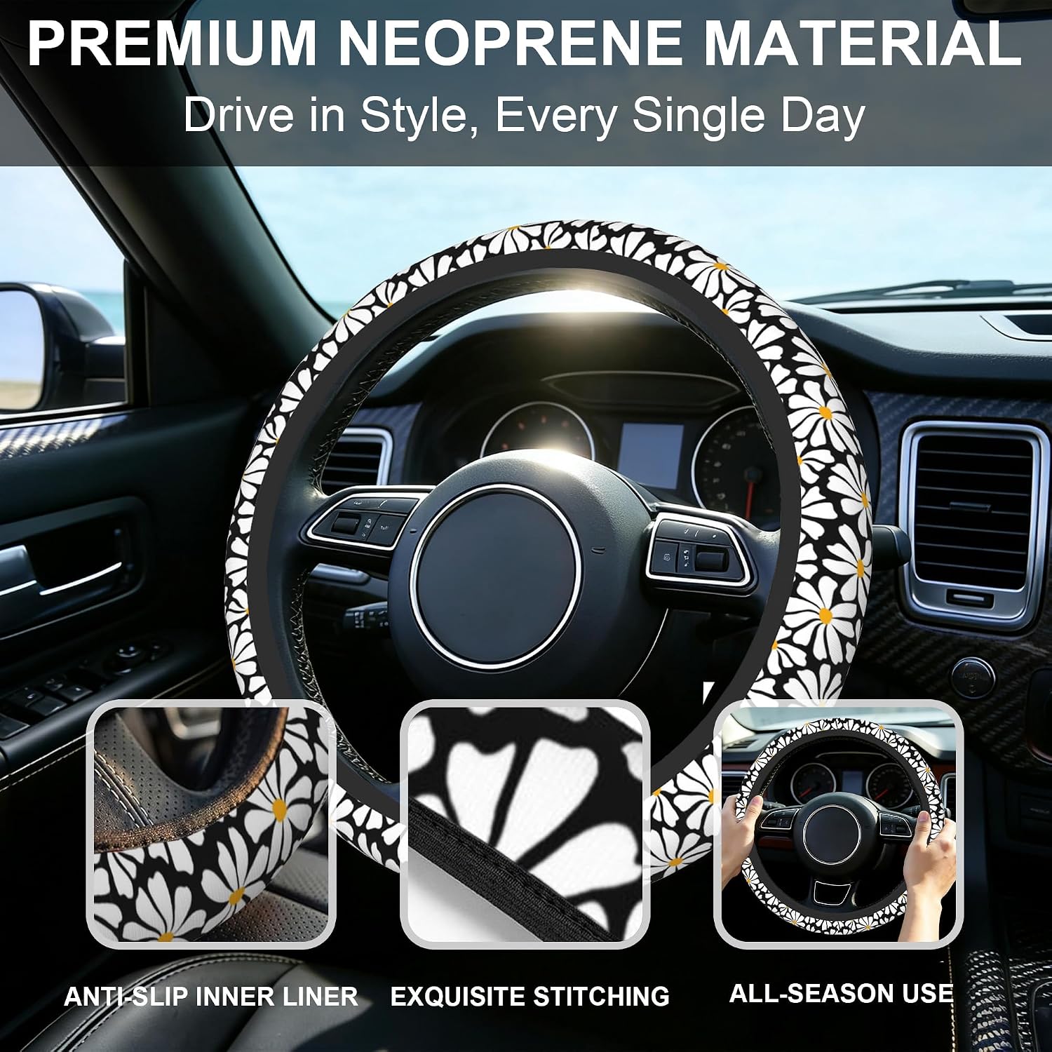 Daisy Steering Wheel Cover for Women Girly,White Daisy Flower 15 Inch Non-Slip Breathable Neoprene Steering Wheel Cover Fit Auto,SUVs,Includes 2 PCS Cup Coasters image 5