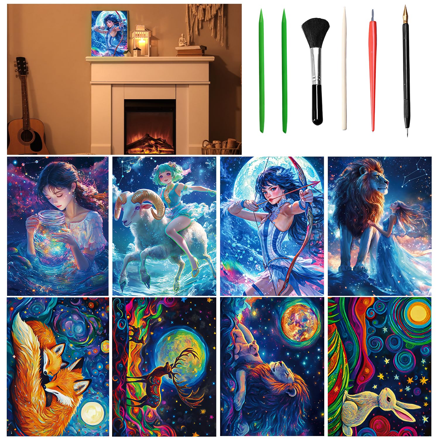 VLYX Scratch Art for Adults and Kids - 8-Piece Luminous Rainbow Scratch Notes Kit with Scratching Tools, Creative Art Supplies Children & AdultsConstellations & Star Beasts