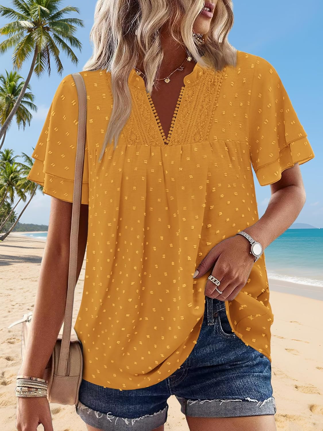 BETTE BOUTIK Womens Dressy Casual Tops Summer Short Sleeve Boho Flowy Shirts Swiss Dot V Neck Blouses - Image 3