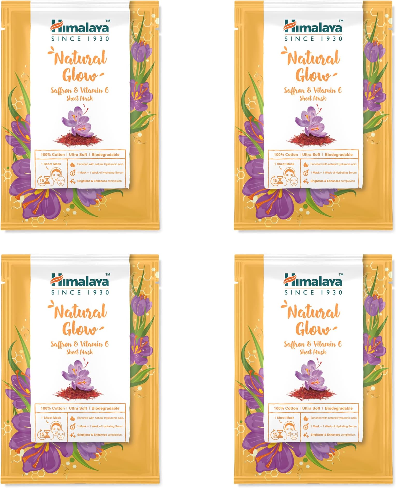 HimalayaNatural Glow Saffron & Vitamin C Face Sheet Masks, Single Use Brightening Cotton Facial Sheet Mask, Antioxidant Rich for Glow and Radiance | Hyaluronic Acid for Intense Hydration, Count of 4