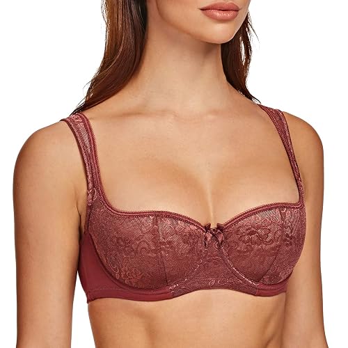 MELENECA Women's Balconette Bra with Padded Strap Half Cup Underwire Sexy Lace - 42G - Cabernet Red