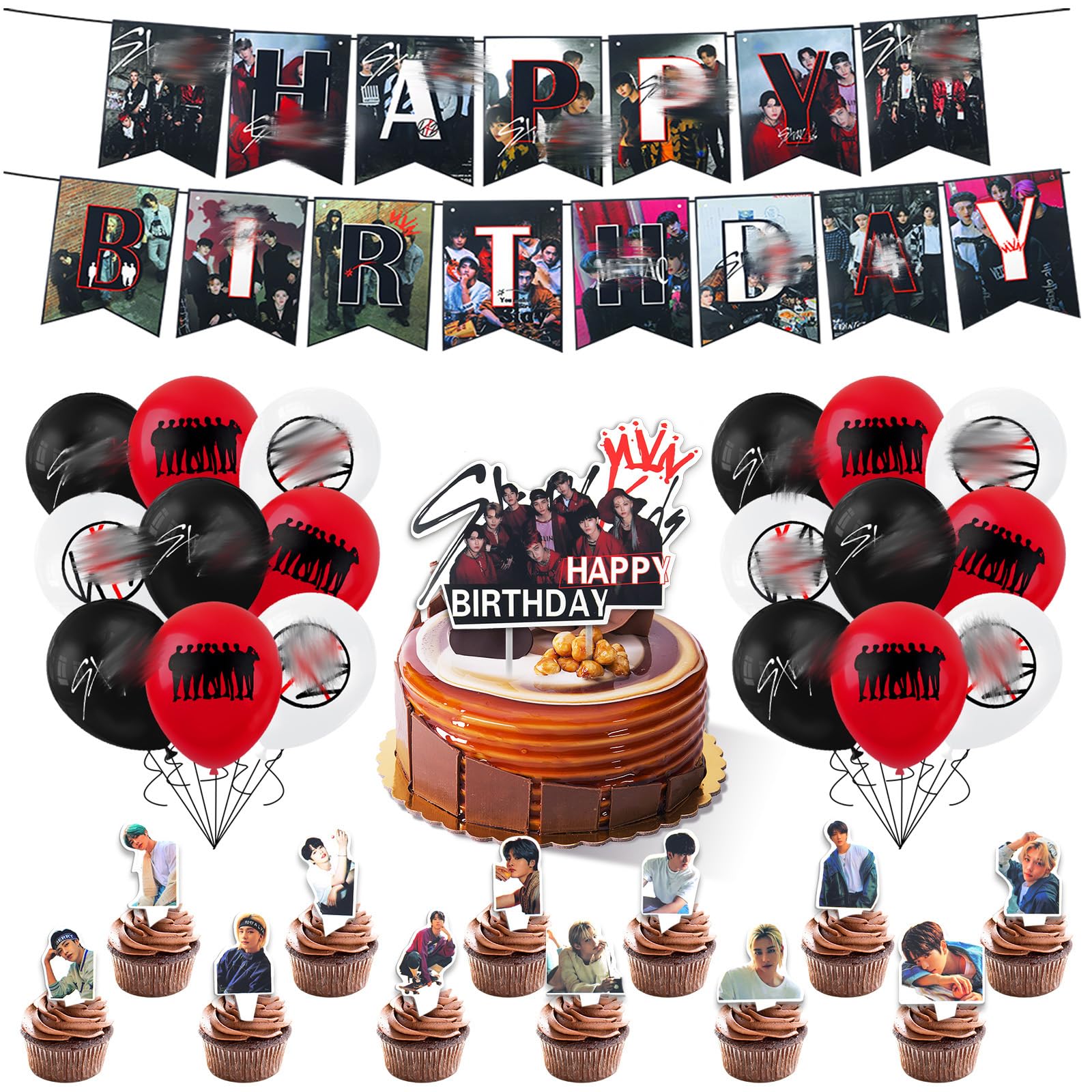 Stray-K Birthday Decorations, 44PCS Party Balloon Decorations, Birthday Party Supplies for Boys Girls, Include Banner, Balloons, Cake Topper, Cupcake Toppers
