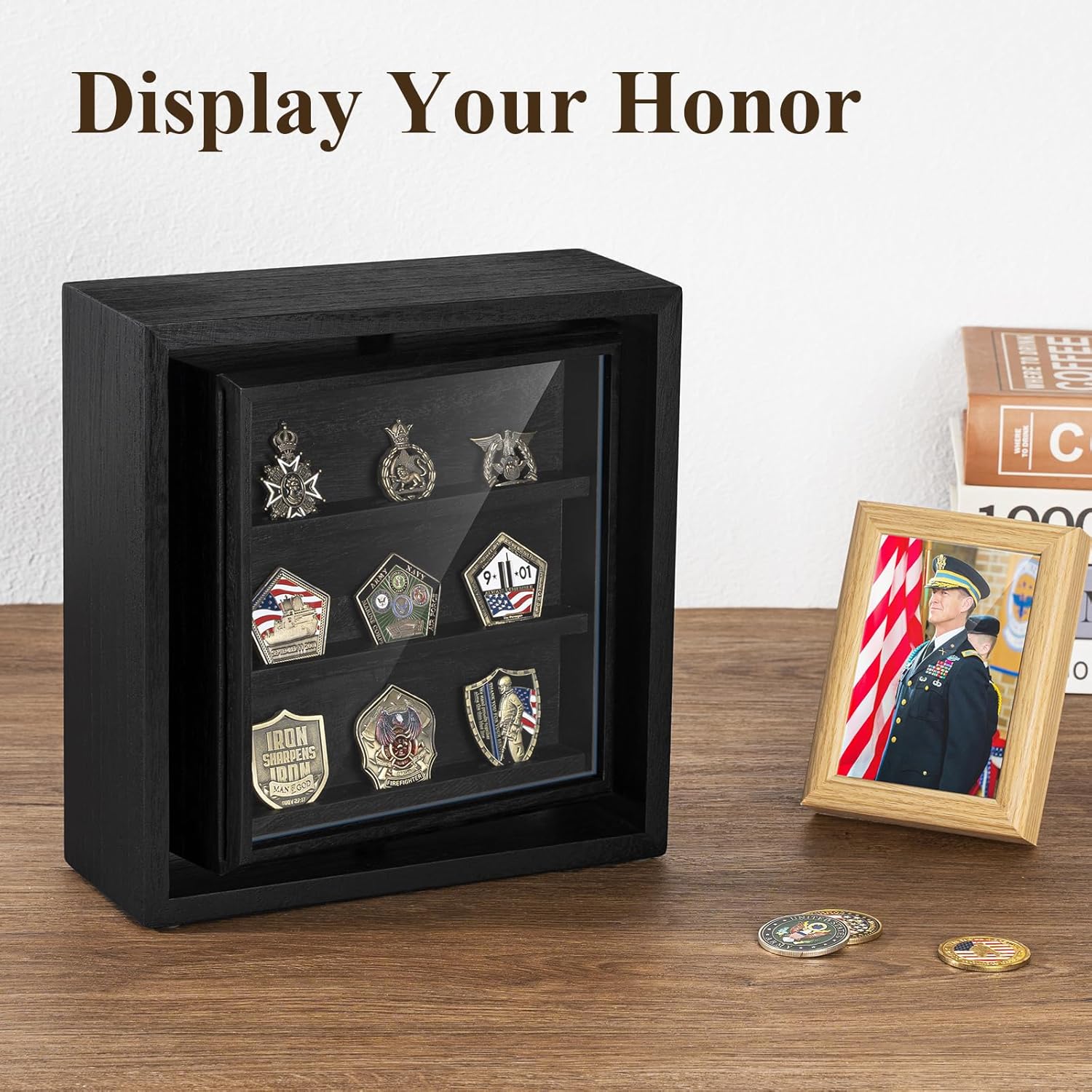 Emfogo Double-Sided Rotating Challenge Coin Display, Wooden Military Coin Holder Holds 33 Coins for Desktop, 6-Row Display Stand for Honoring Veterans & Collectors (Black)