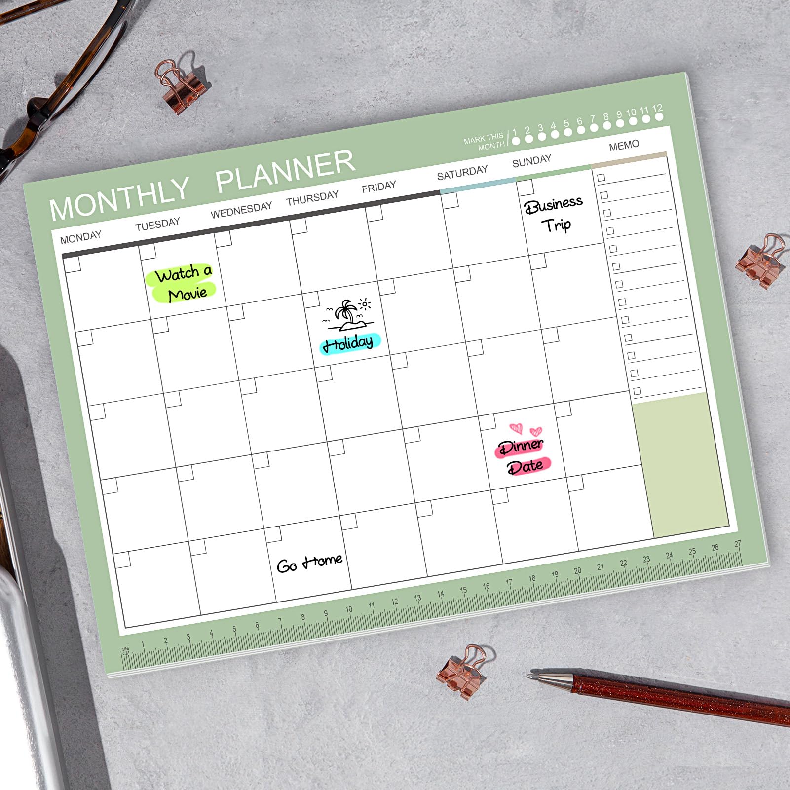 Phyxin Agenda sin fecha, calendario en blanco de 54 hojas, calendario mensual de 11.2 x 8.3 pulgadas, planificador mensual sin fecha con notas para mujeres, estudiantes, profesores, verde morandi