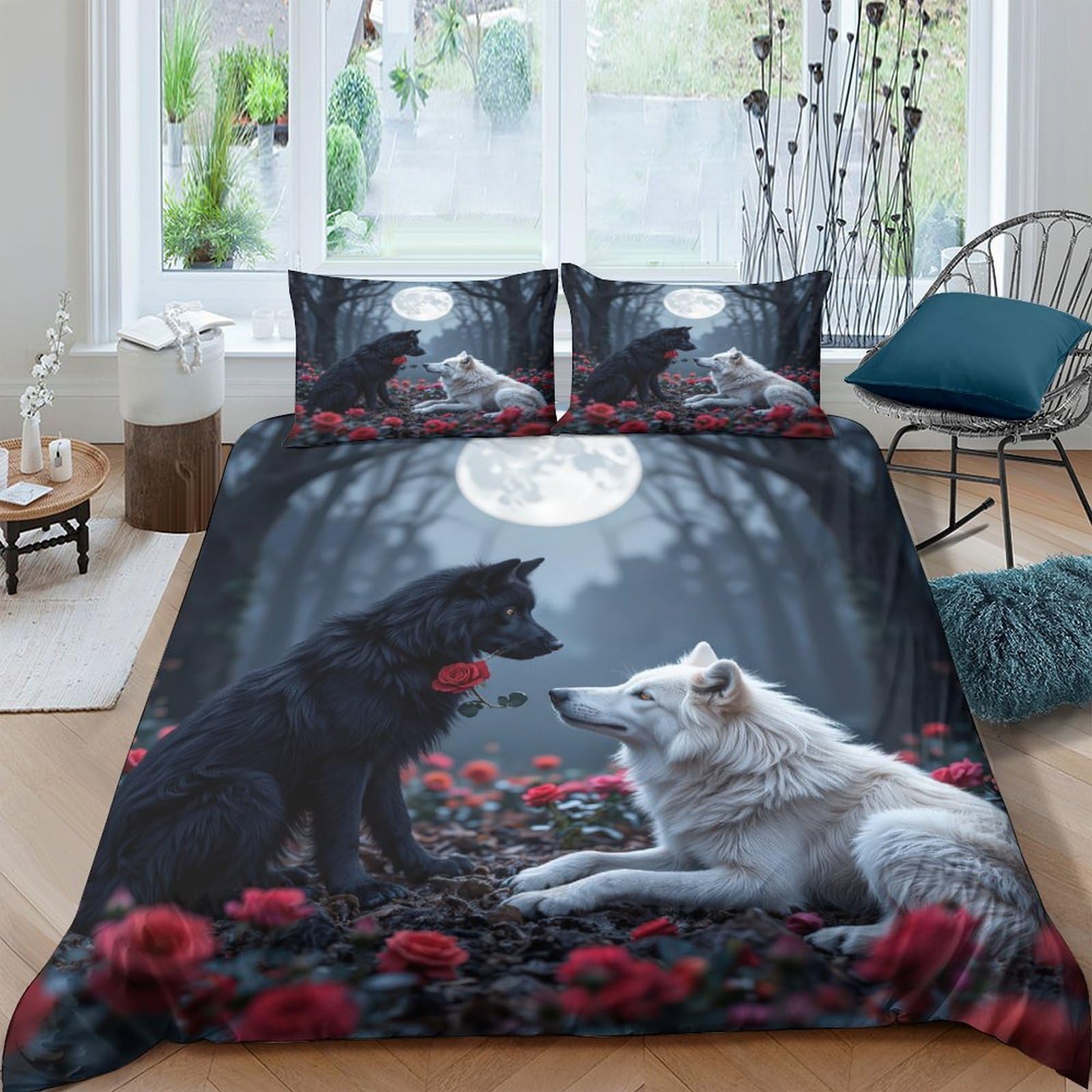 Ctjqhvkz Style-9 3D Printed Moon Wolf Fitted Sheet Microfiber Soft Black White Forest Bed Cover For Bedroom Guest Room Decor Single（135X200cm）