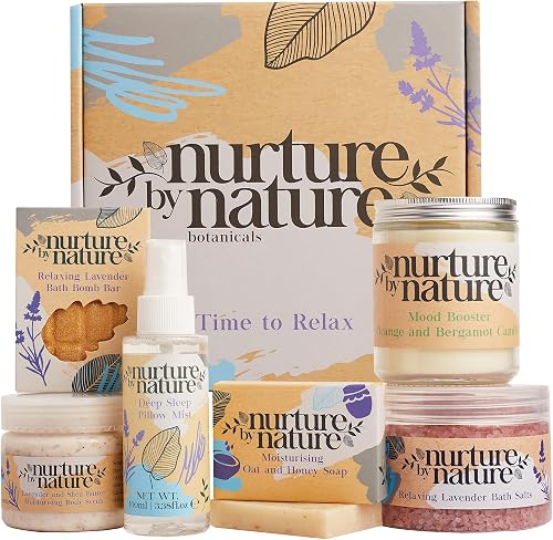 Nurture by Nature Self Care Gifts for Women - Spa Gift Baskets for Women & Relaxation Gifts | At Home Spa Kit | 6 Piece Bath Set with Pillow Spray, Candle, Bath Bomb & Bath Salts