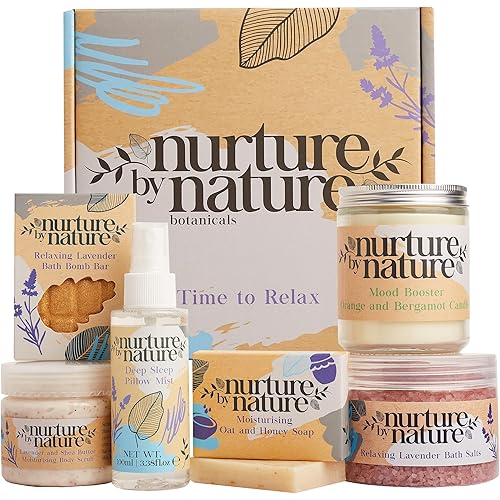 Nurture by Nature Spa Gifts for Women - Mothers Day Gifts for Mom, Self Care Gift Set & Spa Gift Basket for Women, 6 Piece Bath Set with Candle, Bath Bomb, Salts & Pillow Spray - Relaxation Gifts