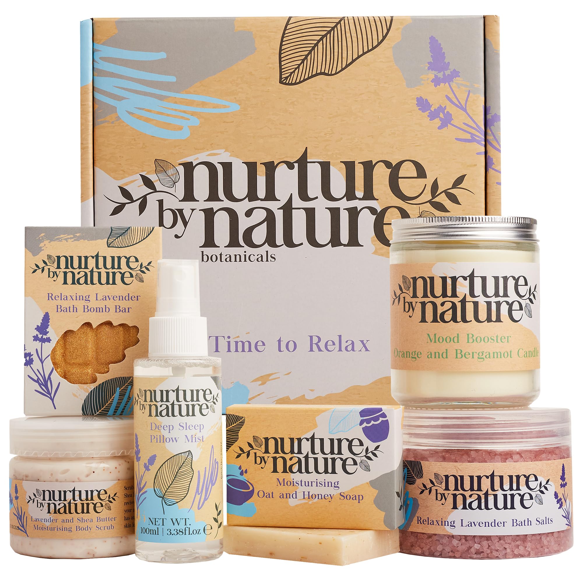 Nurture by Nature Spa Gifts for Women - Mothers Day Gifts for Mom, Self Care Gift Set & Spa Gift Basket for Women, 6 Piece Bath Set with Candle, Bath Bomb, Salts & Pillow Spray - Relaxation Gifts