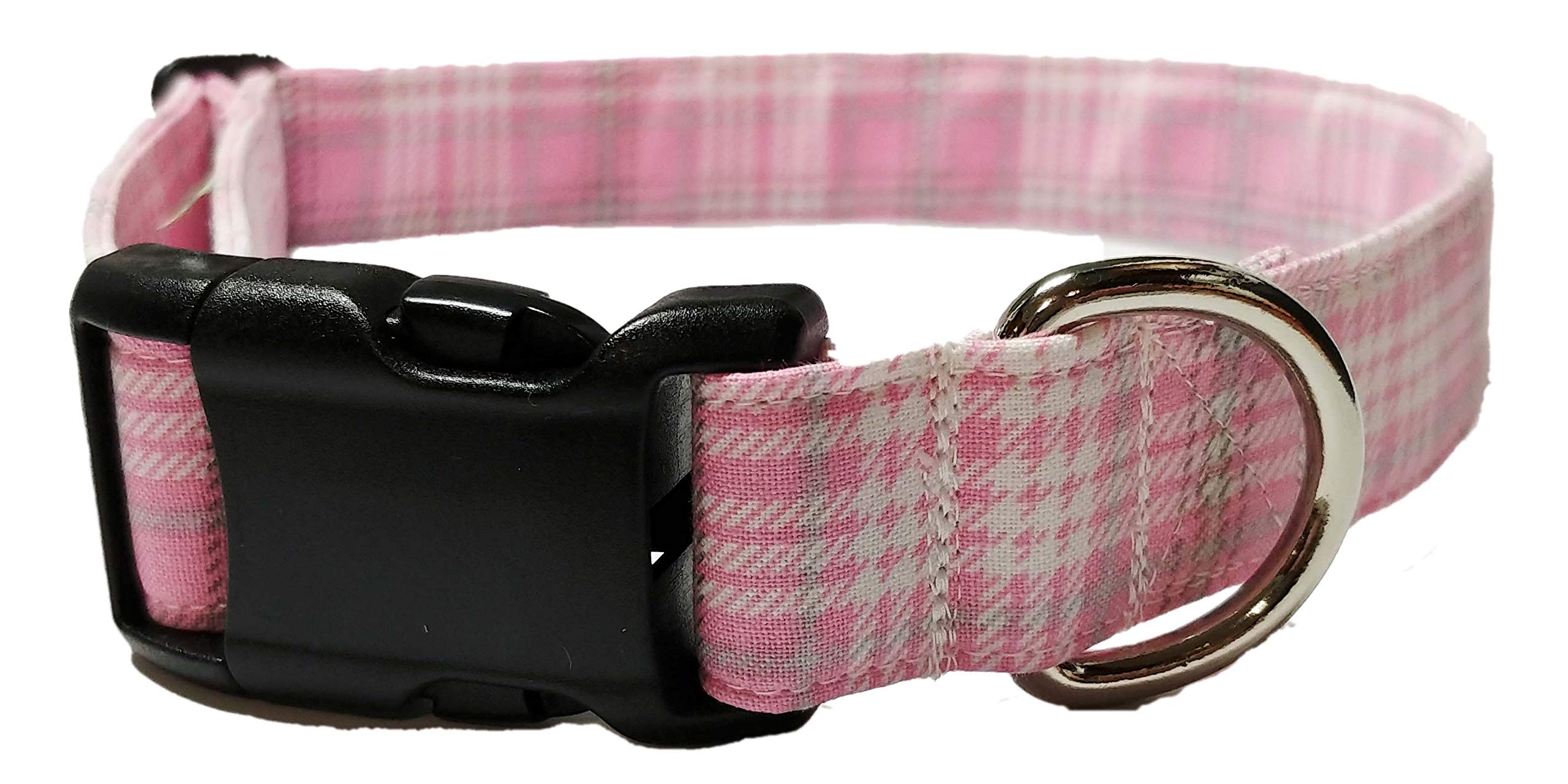 Light Pink & Grey Plaid Dog Collar Cotton Fabric Puppy baby girl Adjustable Preppy Buckle D Ring XL L M S or XS Mini Small Extra Large (M- Medium Dog)
