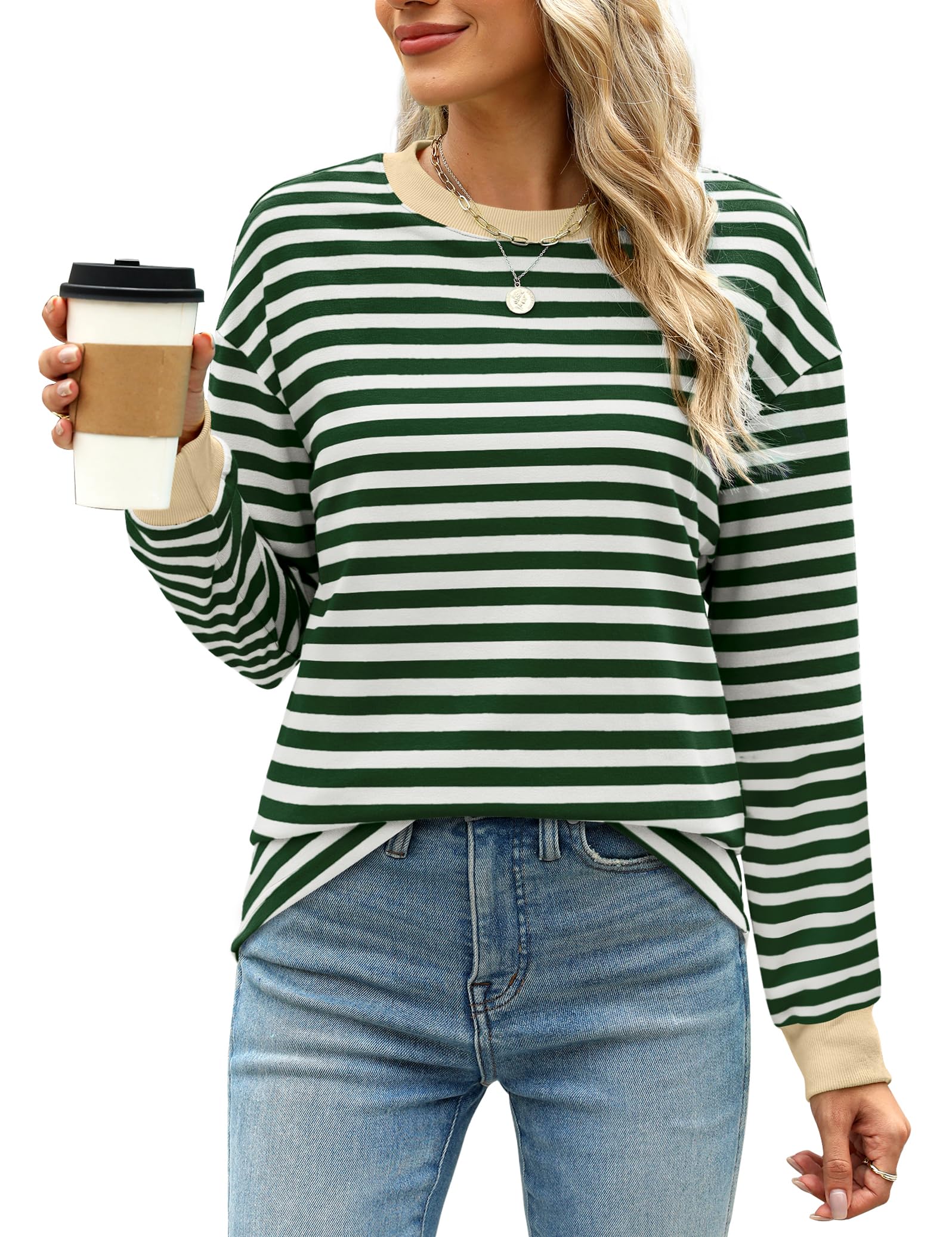 WIHOLLWomens Tunic Tops Long Sleeve Striped Shirts Crewneck Tops