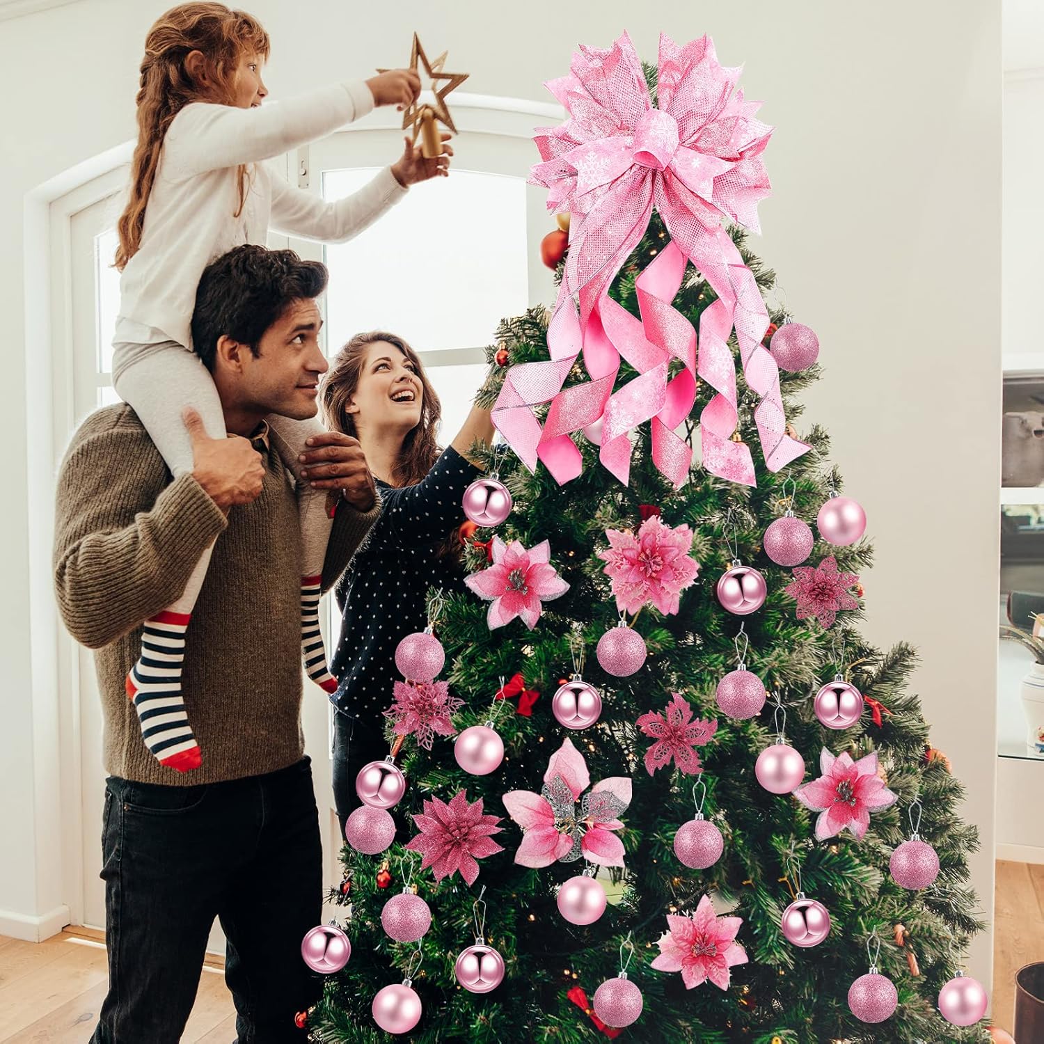 Christmas Tree Decorating Set Includes 37 Pcs Poinsettia Glitter Flowers with Clip, Christmas Ball, Tree Topper Bow for Home Decoration (Pink)