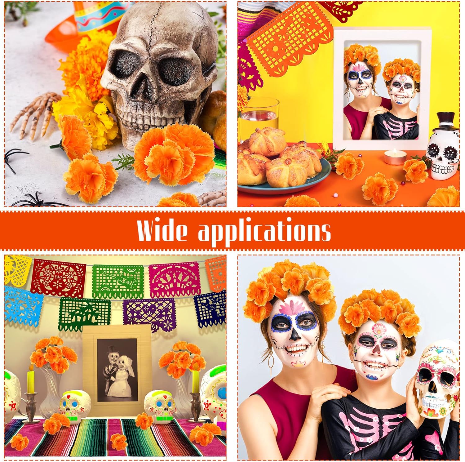 Funtery 50 Pcs Marigold Flower Heads Bulk Day of the Dead Decor Altar De Ofrendas Dia De Muertos Decoration 9 Pcs Mexican Papel Picado 1 Mexican Table Runner Supplies(Orange, Rose Red)