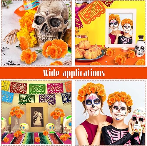 Miniatura 6 de Funtery 50 cabezas de flores de caléndula a granel, decoración del día de los muertos, decoración de altar de ofendas, día de muertos, 9 piezas de