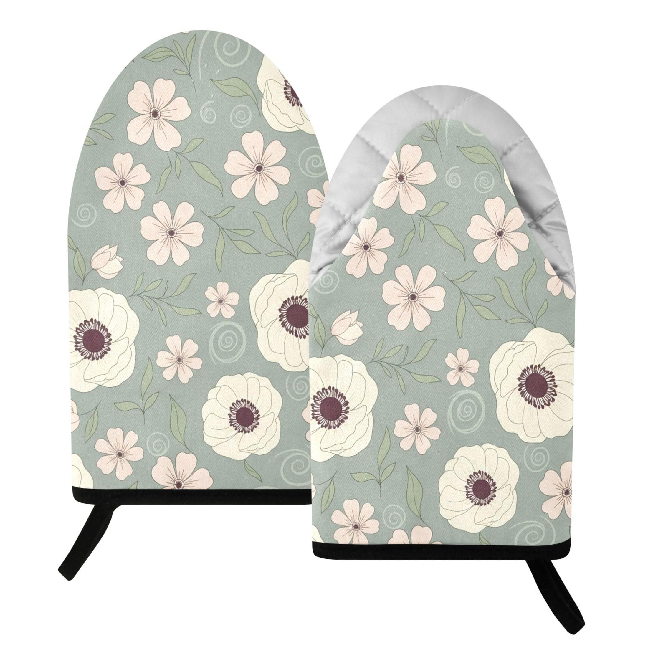 Kutsu Floral Oven Mitts for Kitchen, Heat Resistant Cotton Oven Gloves for BBQ Baking Cooking, Breathable Kitchen Essentials, 2 pcs