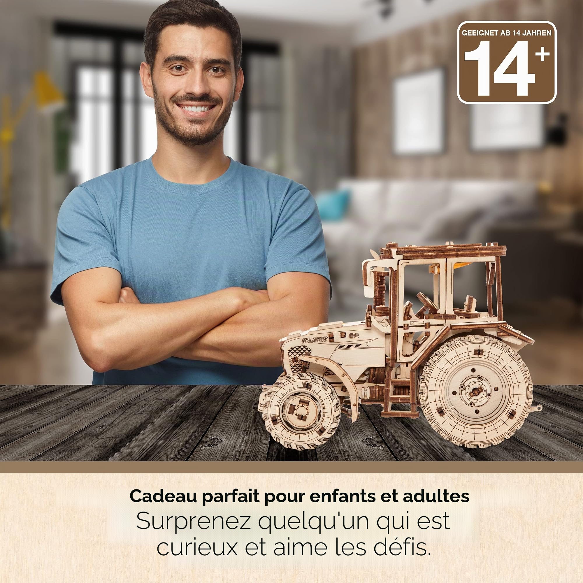 EWA Eco-Wood-Art - Tractor BELARUS-82 - Puzzle 3D mécanique en Bois - Casse-tête pour Adultes et Adolescents -à Monter soi-même sans Colle- 269 pièces, Naturel