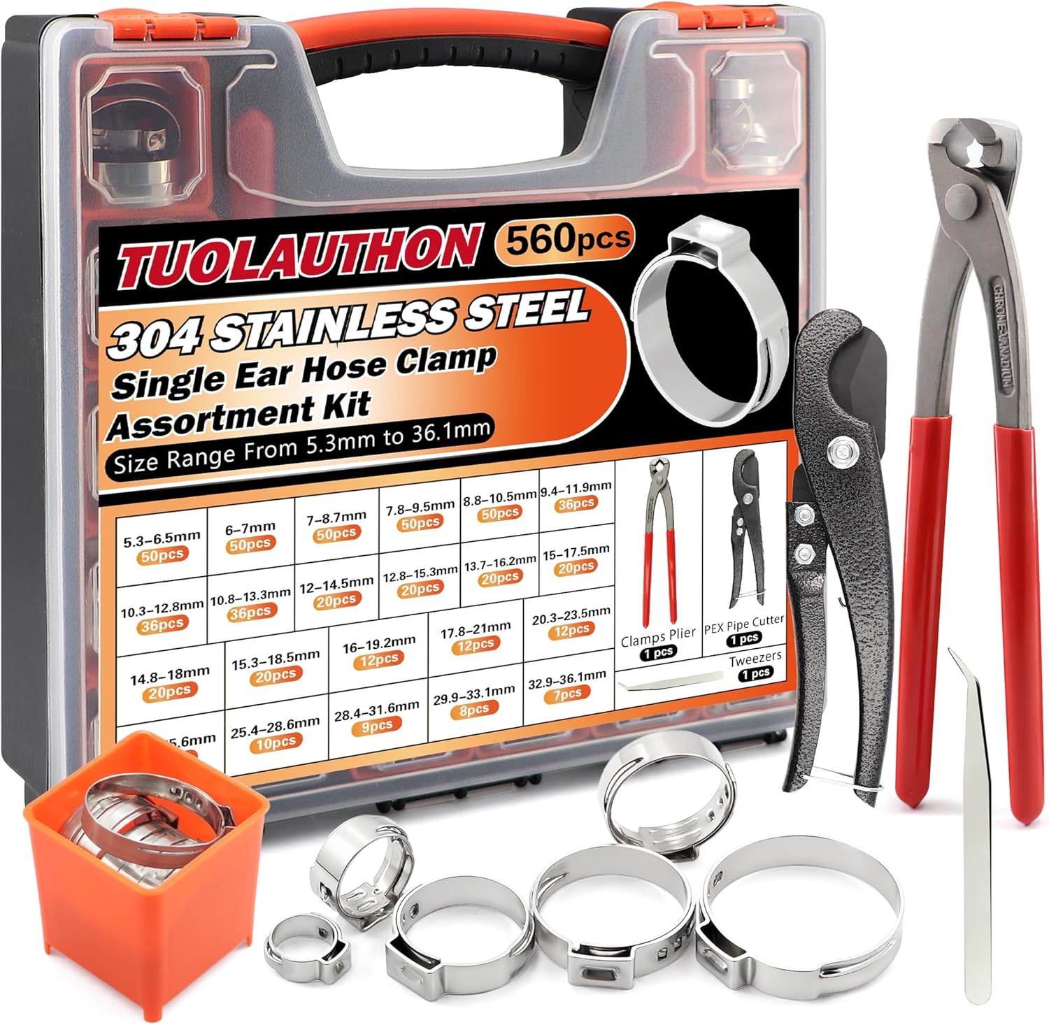 560PCS 304 Stainless Steel Single Ear Hose Clamp Assortment Kit Stepless 22 Sizes (5.3 to 36.1mm) with Pliers, Cutter & Tweezers For Fuel Pipe, Automotive and Home Appliances