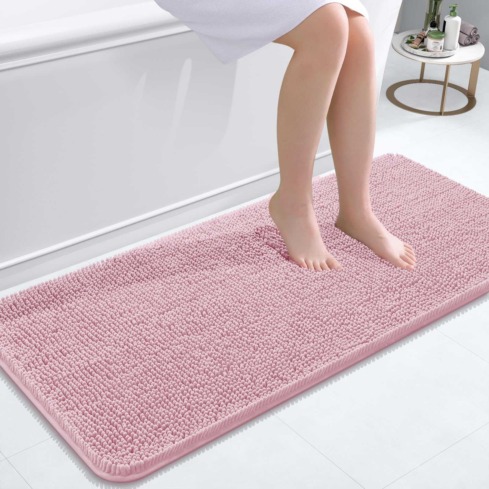 OLANLY Bathroom Runner Rugs 47x20, Extra Soft Absorbent Chenille Bath Rugs | Dusty Rose, Quick-Drying Rubber Backing, Washable Long Bath Mat for Bathroom Floor, Tub and Shower, Home Decor Accessories