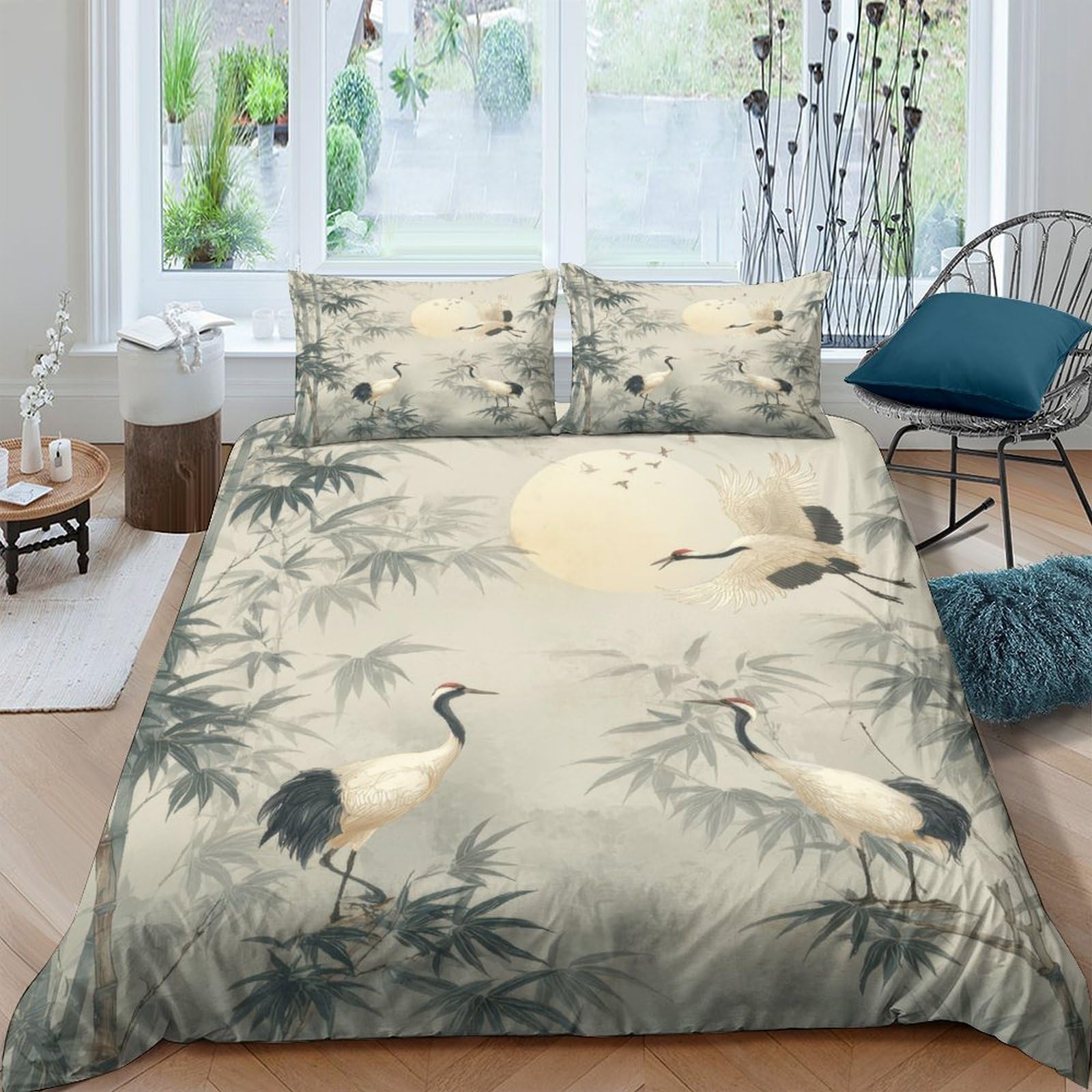 Ctjqhvkz Style-1 3D Printed Japanese Crane Fitted Sheet Microfiber Soft Bamboo Forest Bed Cover For Bedroom Guest Room Artistic Decor Single（135X200cm）