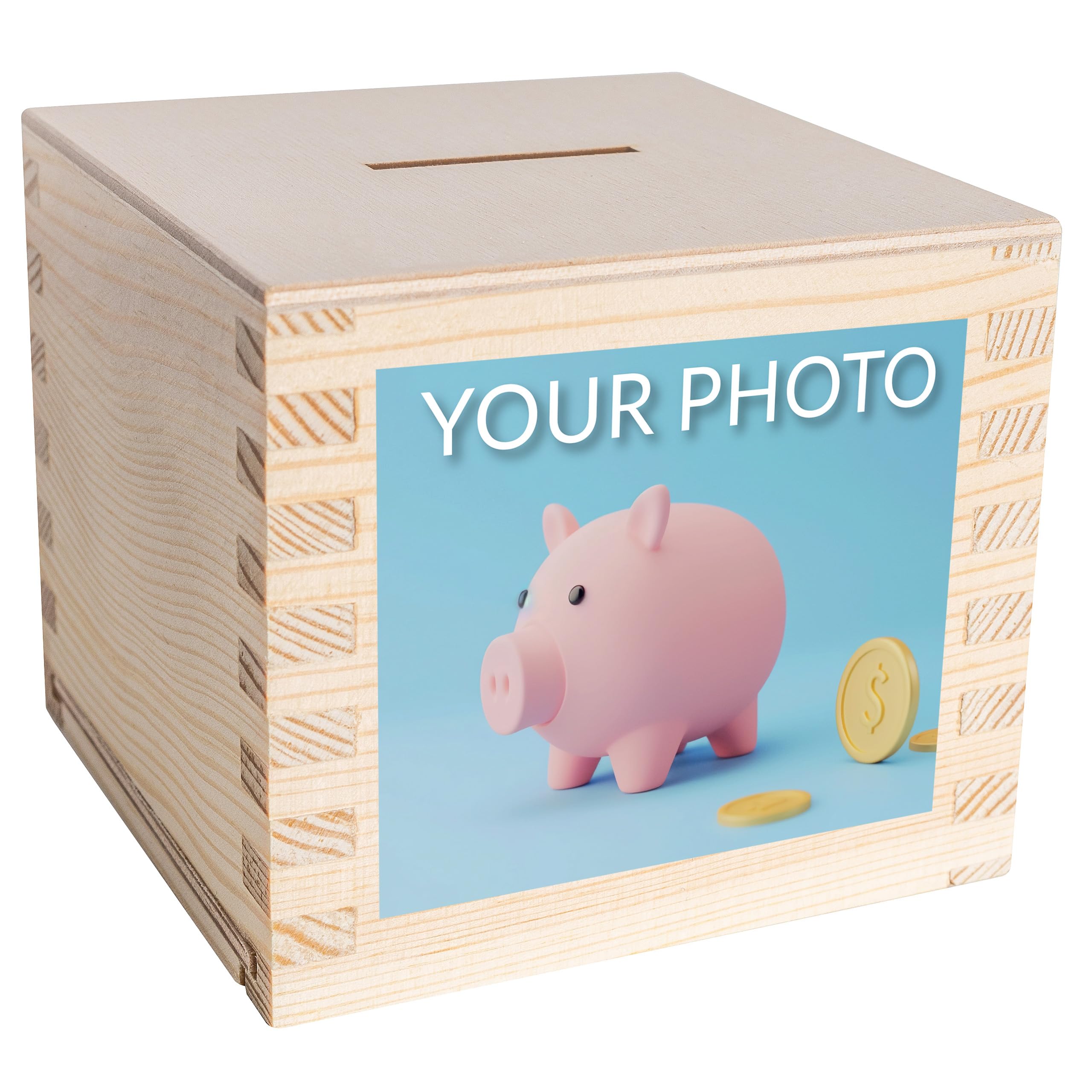Creative Deco 03. Photo Wooden Money Box Storage Box | Your Photo | Personalised Piggy Bank Money Box Gift Box | 9.5 X 9.5 X 9 Cm (+/- 0.5 Cm) | Savings Box Customised Box | Raw Pine Wood