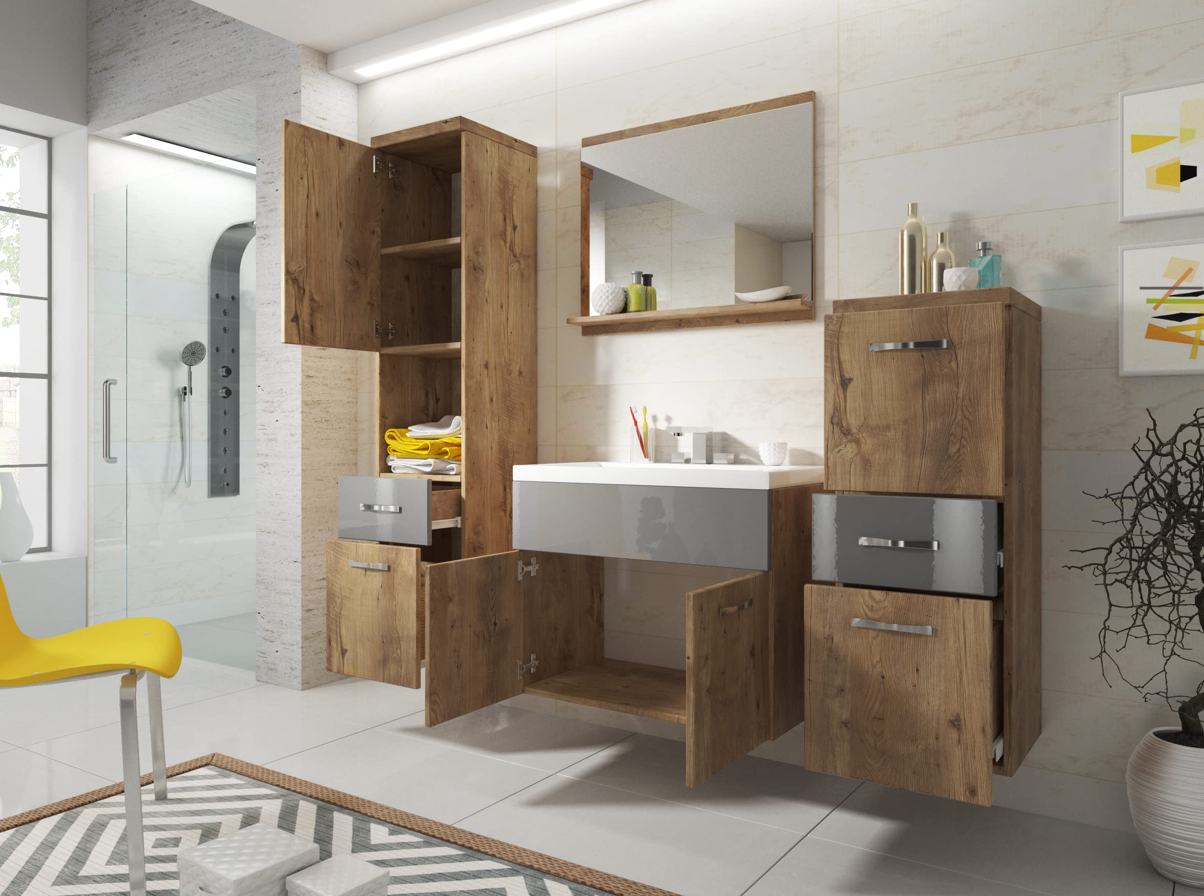 Set Mobili Bagno Sospesi PIASKI Alba - Con Lavello, Design Moderno, Colore Sonoma/Bianco Lucido - Foto 9