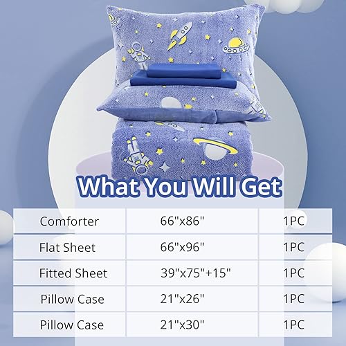 Miniatura 4 de HOMBYS Juego de edredón que brilla en la oscuridad de 5 piezas individualindividual XL con sábanas, juegos de edredón de terciopelo de astronautas