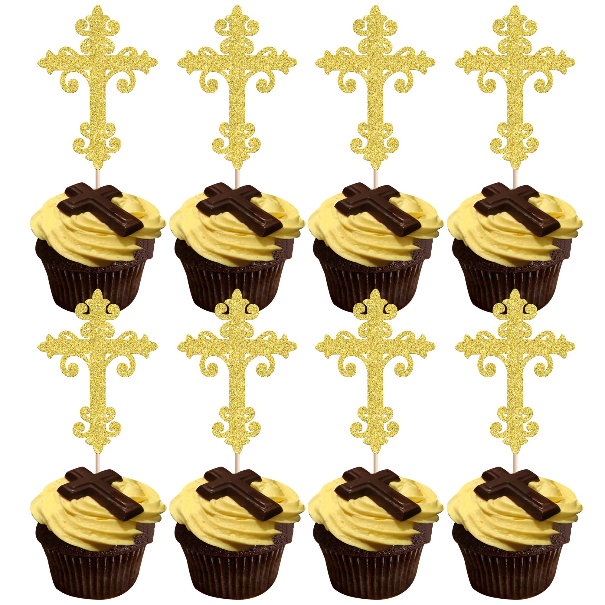 ZHUOWEISM 10 PCS Acrylic Cross Cake Topper Christian Baptism God Bless Cake Pick for First Communion Theme Baby Shower Birthday Party Cake Decorations Supplies Gold — view 12