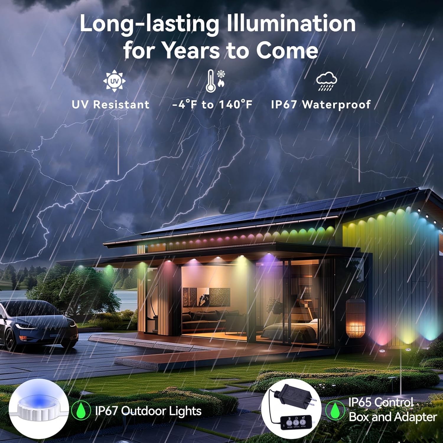 Honche Upgraded Permanent Outdoor Lights 72 LED RGB Eaves String Lights 75 Scene Modes IP67 Waterproof for Halloween Christmas Backyard Garden Path Party Decor APP Remote Control