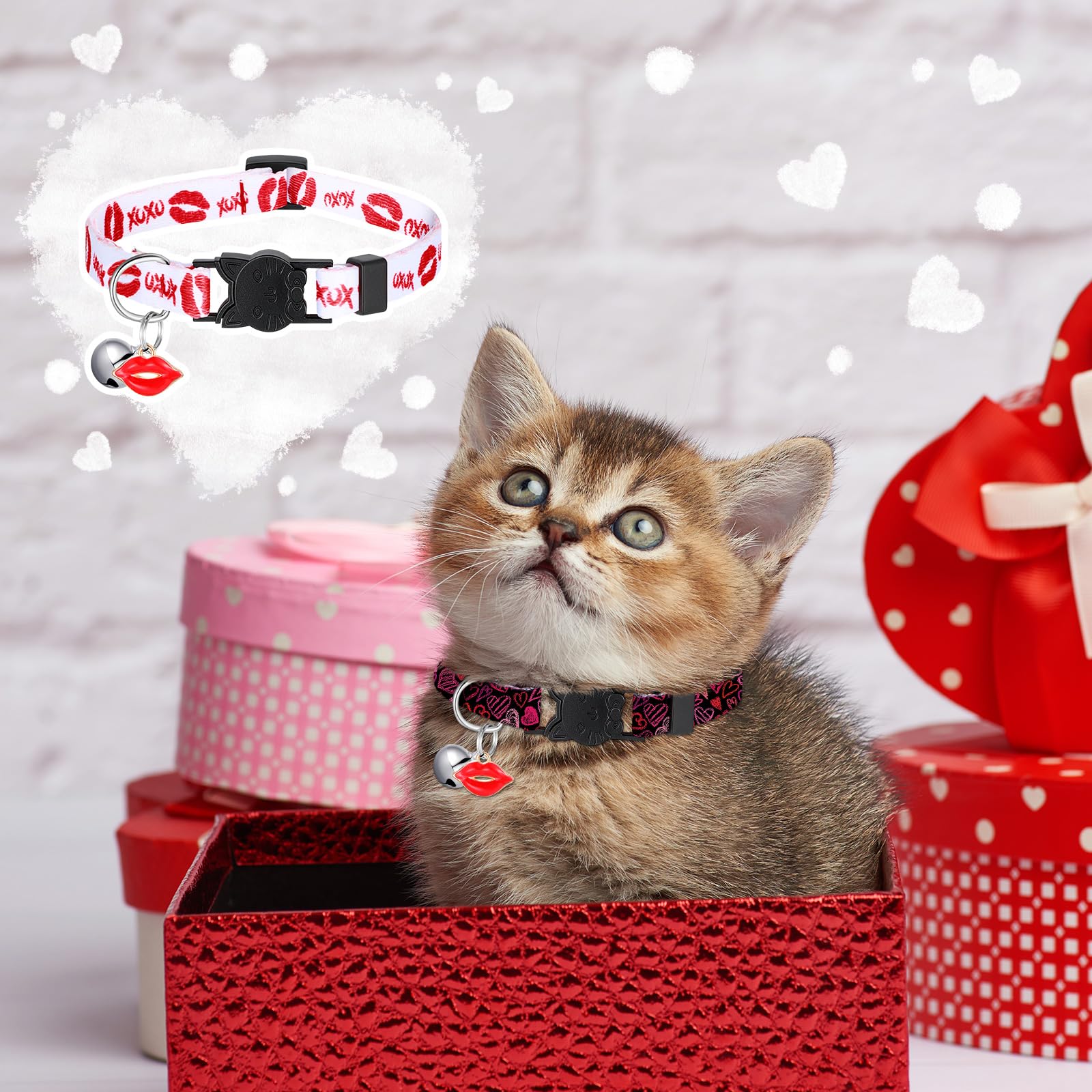 Huhumy 8 collares de gato de San Valentín ajustables con campana collares de gato con hebilla de plástico regalo para gatitos, mascotas, cachorros y perros