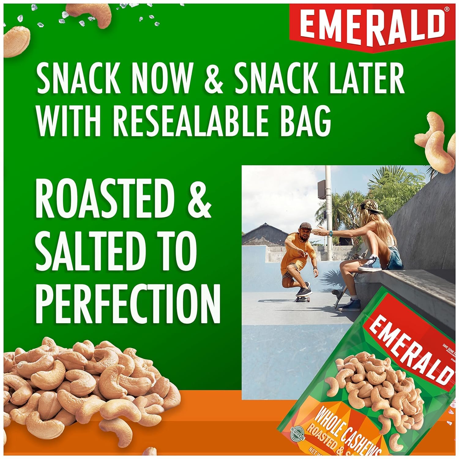 Emerald Nuts Combo (Variety Pack) Featuring Roasted and Salted Whole Cashews & Kettle Glazed Pecans | 5 Oz Resealable Bags | Kosher Certified, Non-GMO, Contains No Artificial Preservatives, Flavors or Synthetic Colors