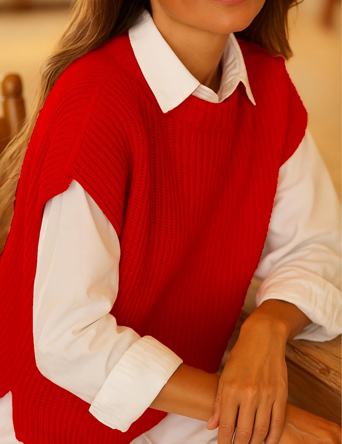 Womens Cap Sleeve Sweater Vest Fall Ribbed Knit Sleeveless Crewneck Casual Pullover Tops