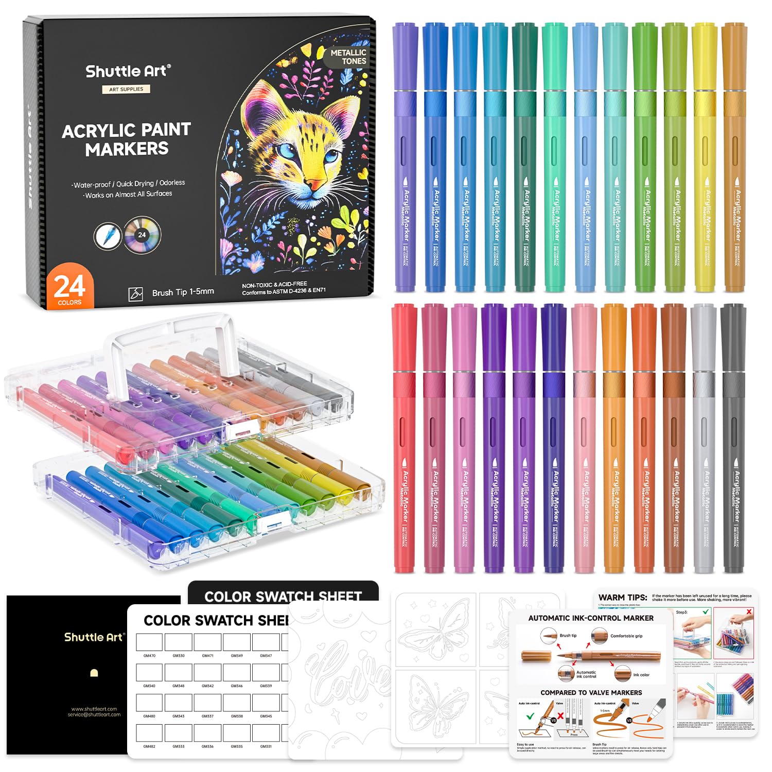 Shuttle ArtAcrylic Marker Pen with Brush Tip, 24 Metallic Colours Acrylic Paint Marker on Ceramic Plastic Canvas, Acrylic Markers for Painting Calligraphy