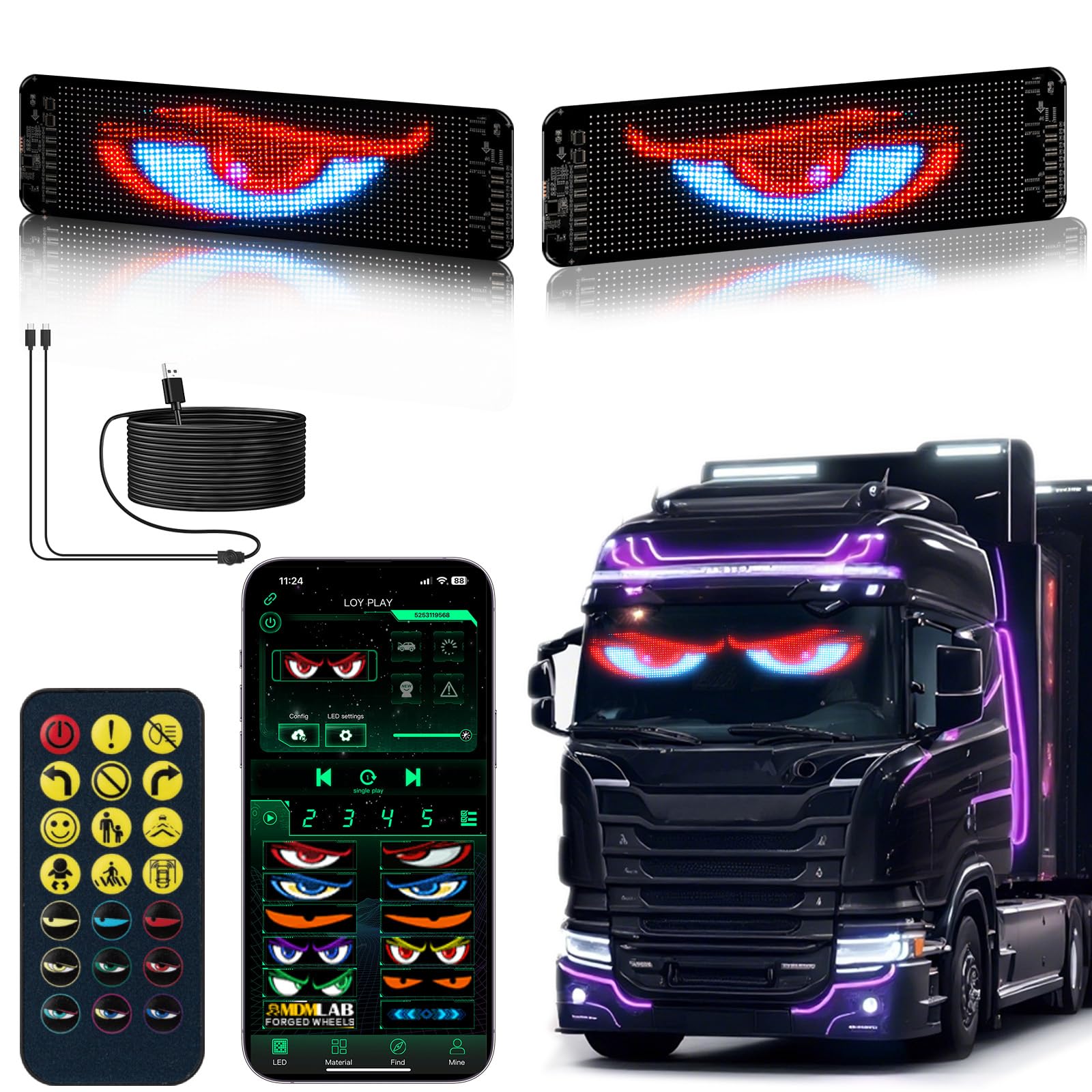Gelrova Dual-Panel Blinking Devil Eyes Light LED Car Windshield Display: 2-Pack 14"x4" Programmable Matrix, Single USB Power, Remote/App Control, Custom Text/GIFS for Car SUVs, Trucks