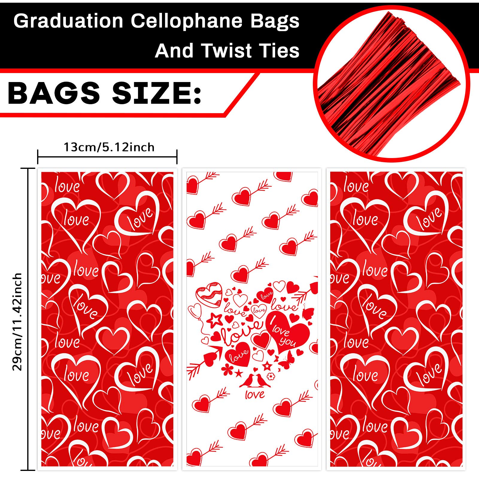 Whaline Zellophanbeutel Für Valentinstag – 150 Stück, 6 Designs, Mit Bindedraht, Rot, 13 X 29 Cm